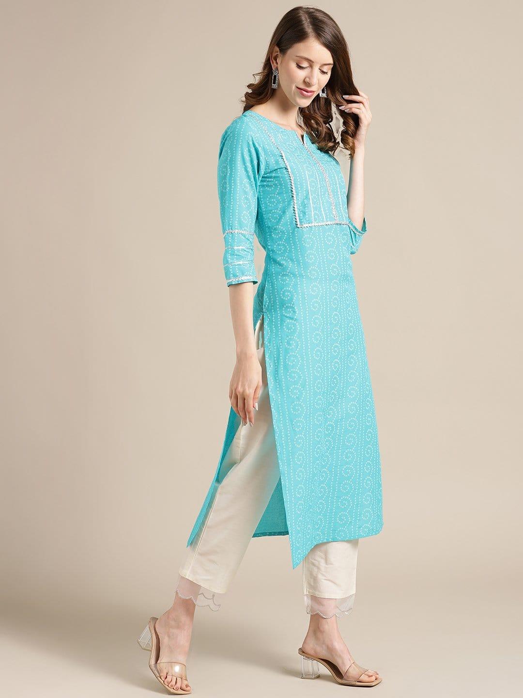 Blue And Off White Bandhej Printed Kurta With Gota Laces On Yoke And Sleeves - Indiakreations