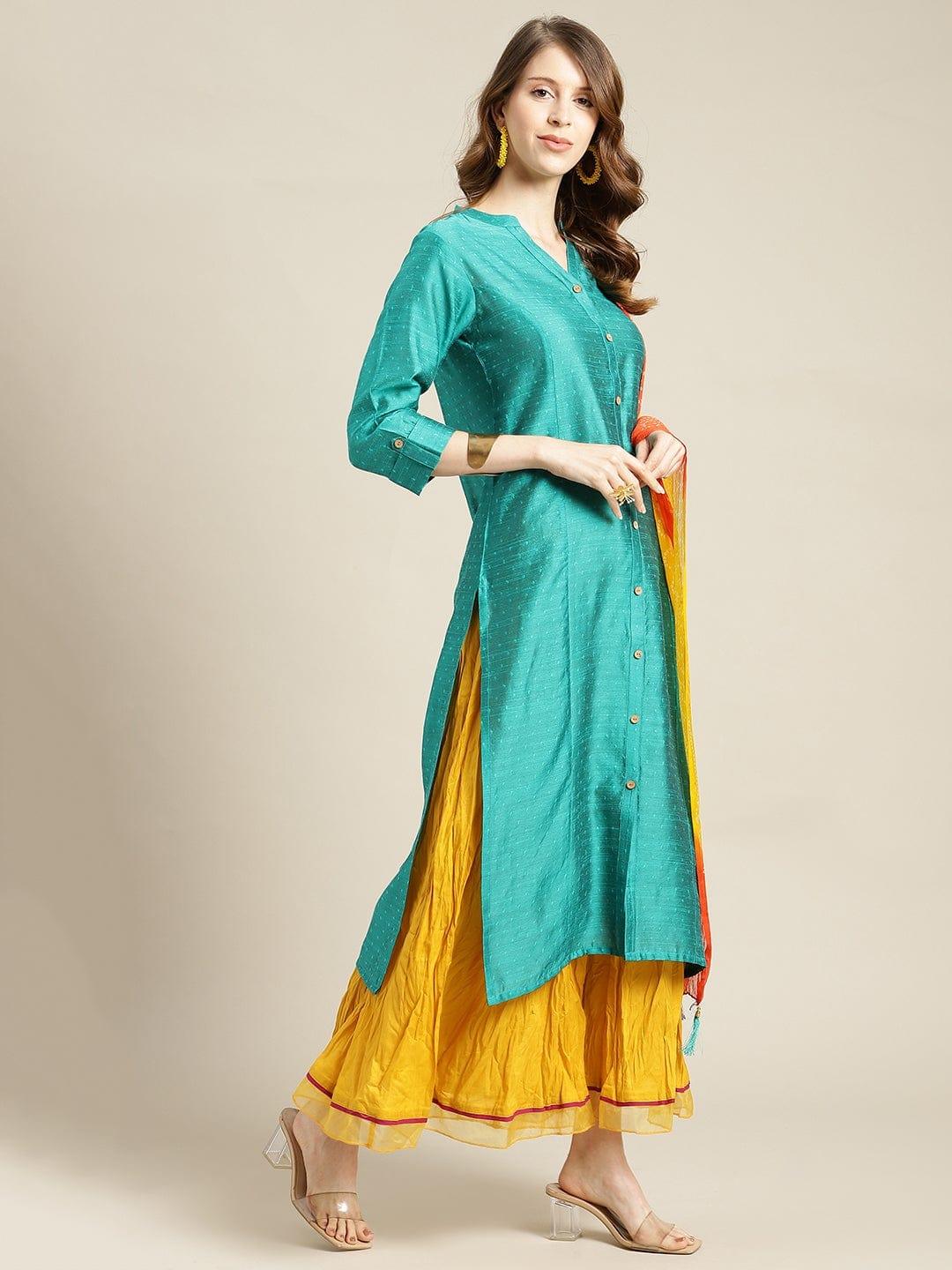 KSUT Turquoise Blue & Mustard Yellow Kurta With Palazzos & Dupatta - Indiakreations