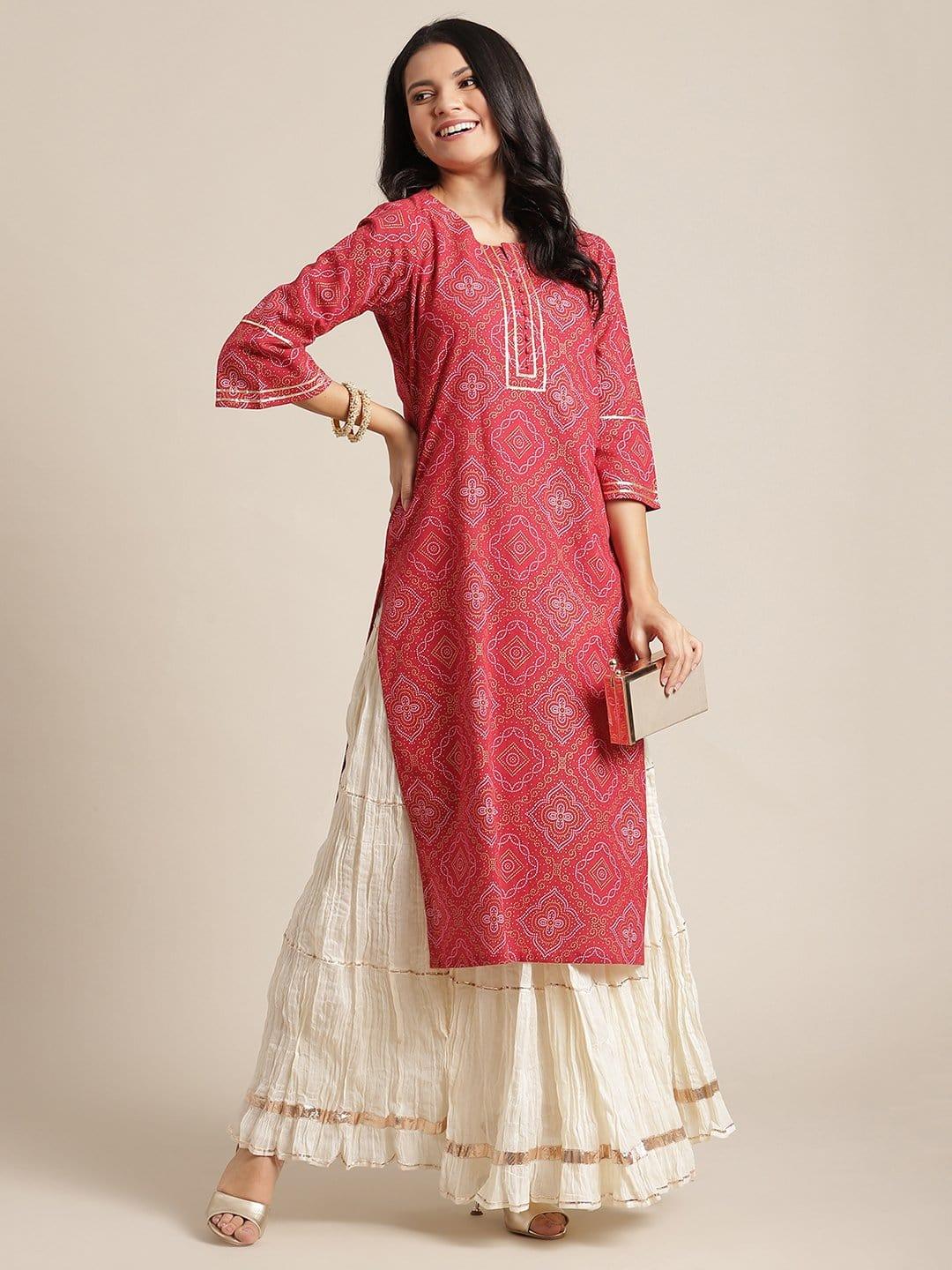 KSUT Red Bandhani Printed Kurta With Gota Work Embellishment On Yoke And Sleeves - Indiakreations