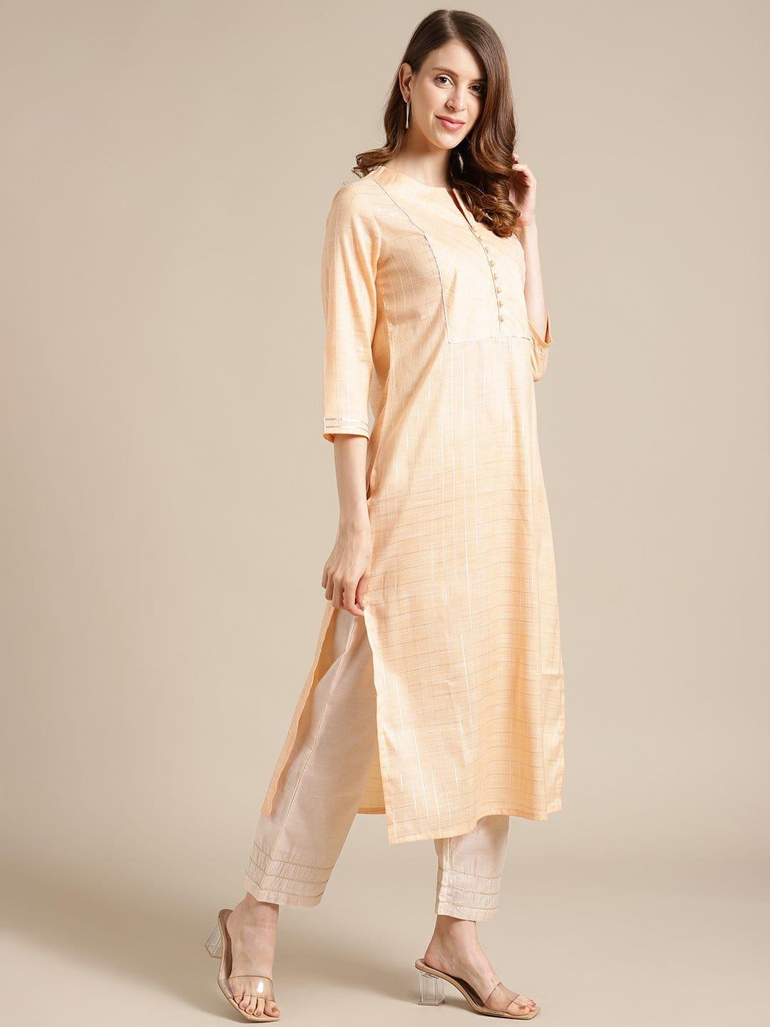 KSUT Peach And Silver Gota Work Straight Kurta With 3/4Th Sleeves - Indiakreations