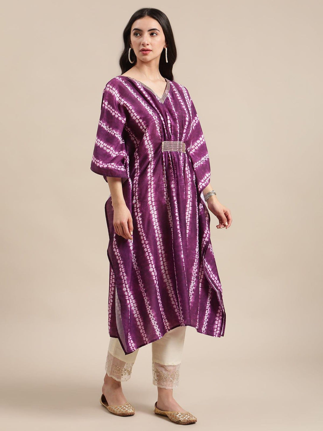 Purple And White Printed V- Neck Lace Embellished Kaftan - Indiakreations