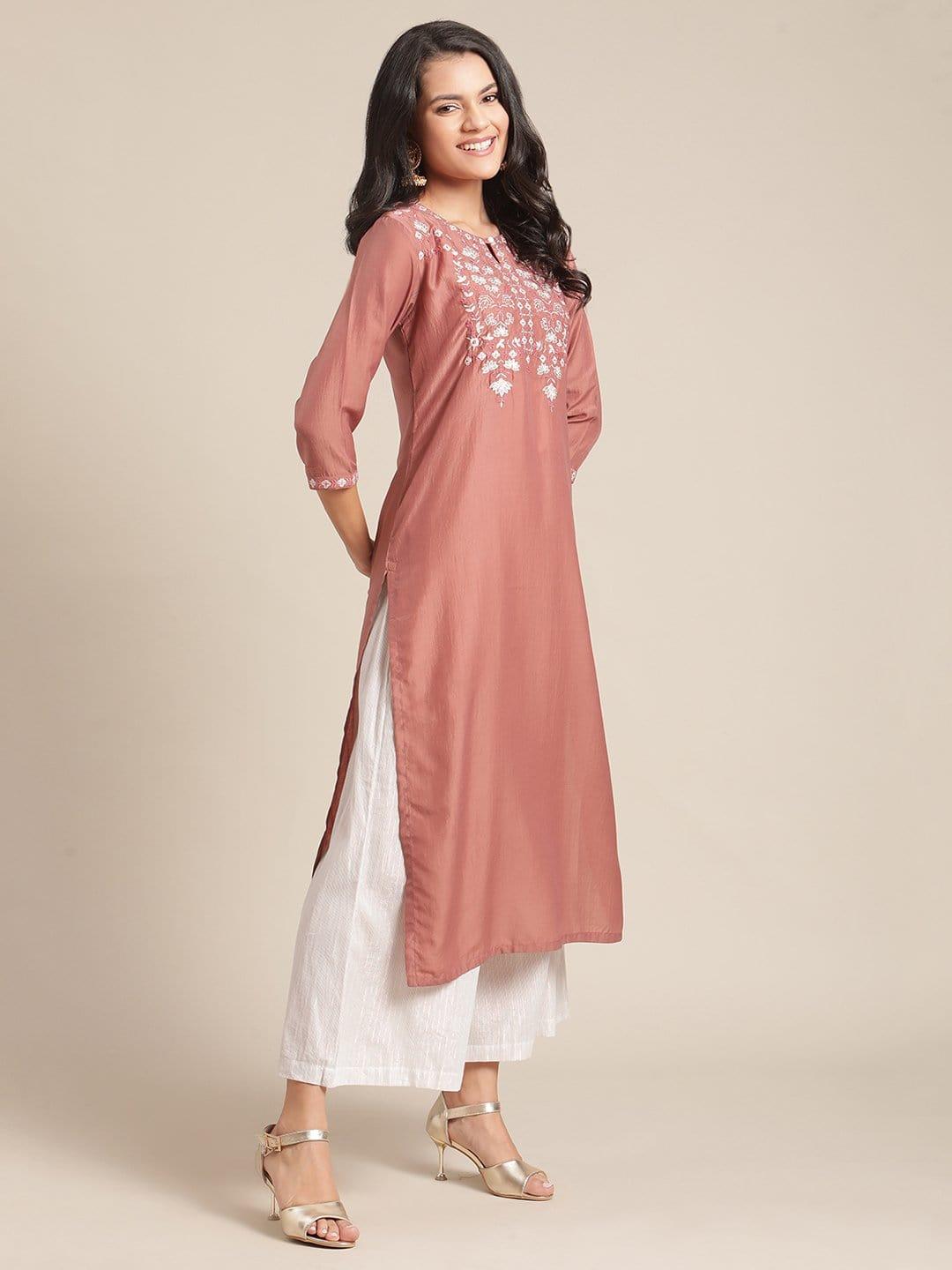 Coral Embroidred Straight Kurta With Round Neckline And Regular Sleeve - Indiakreations