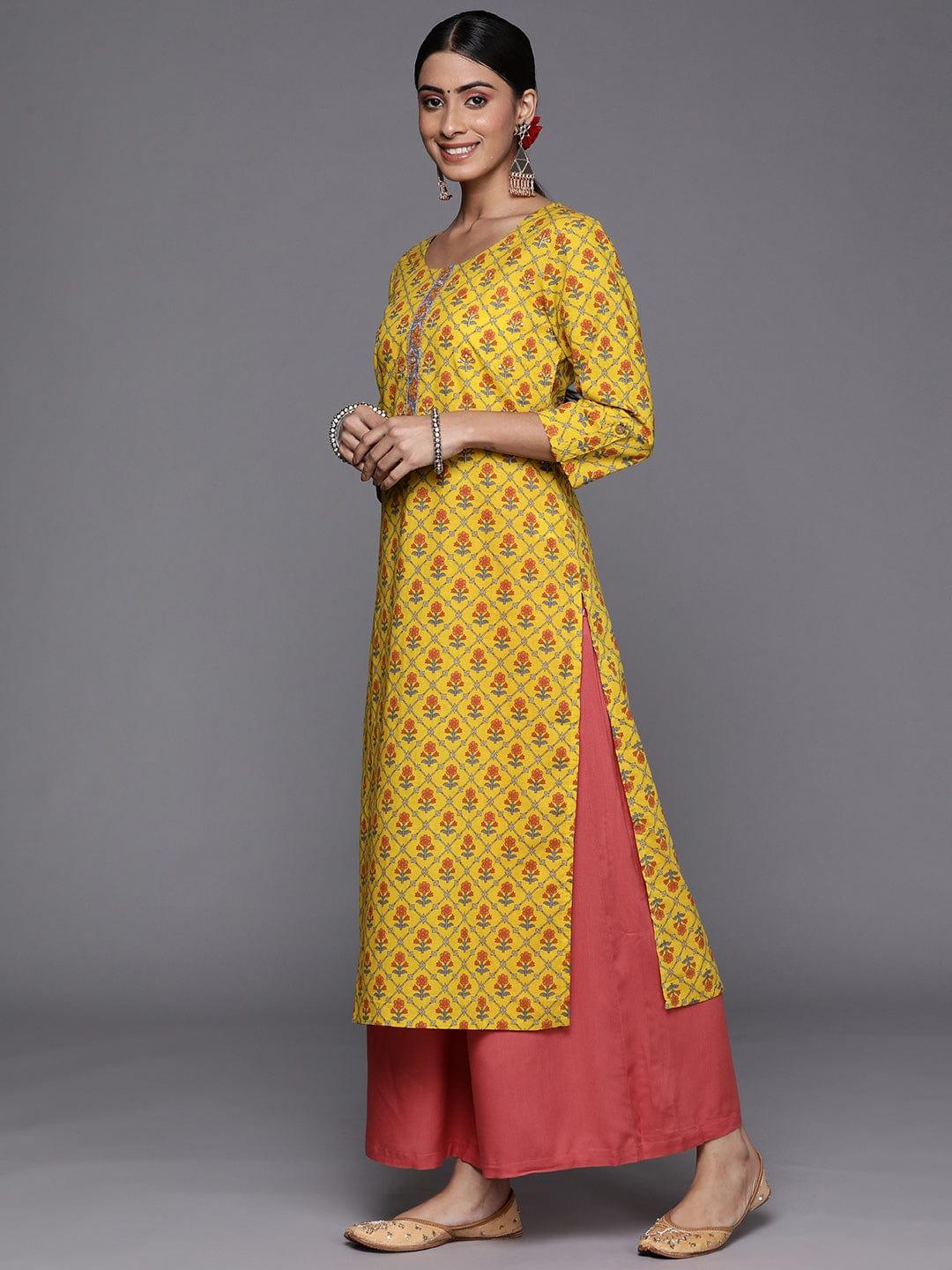 Varanga Women Yellow & Pink Ethnic Motifs Printed Sequin Cotton Kurta - Indiakreations