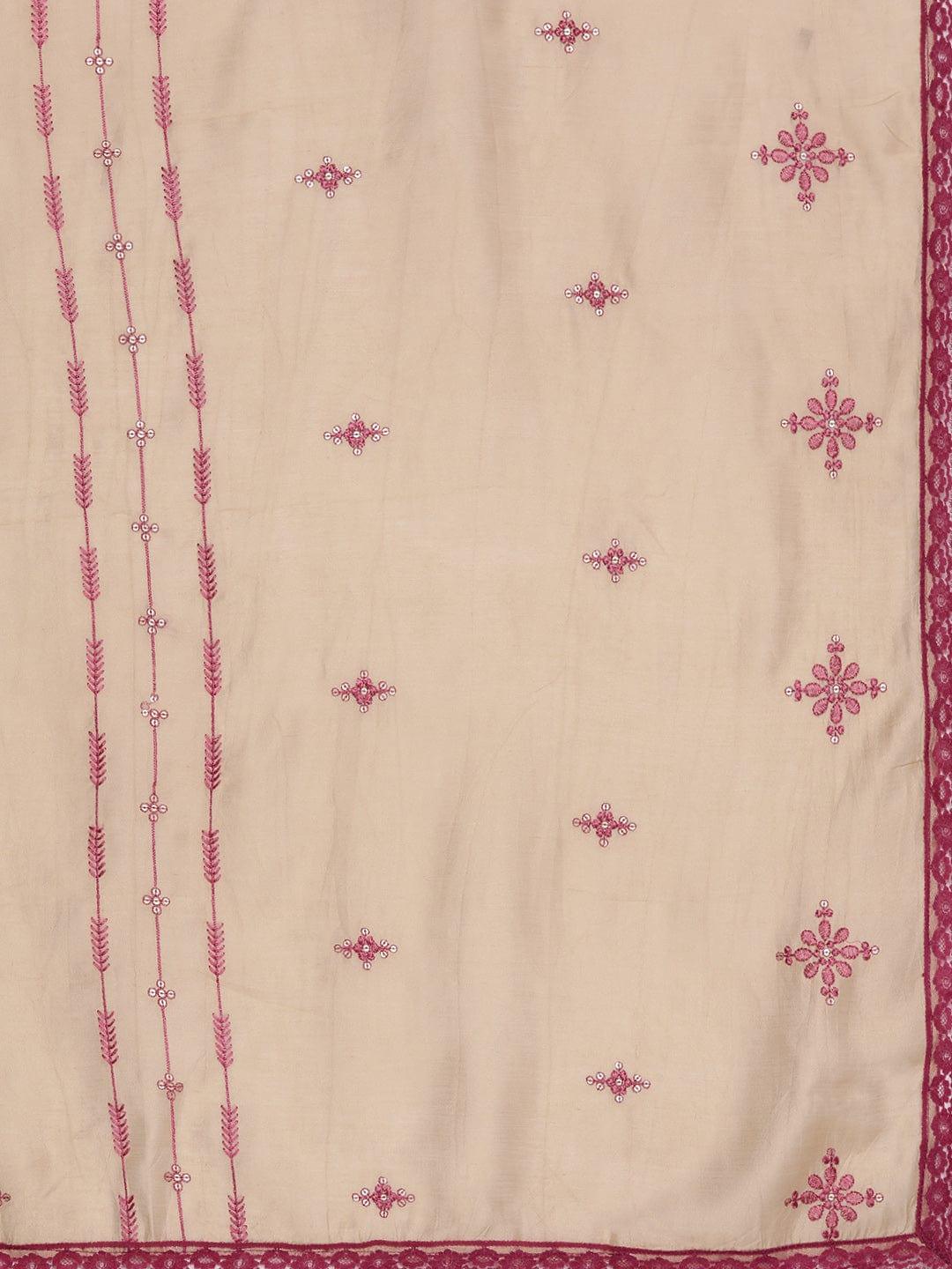 Varanga Women Pink Ethnic Motifs Embroidered Thread Work Kurta with Trousers & With Dupatta - Indiakreations