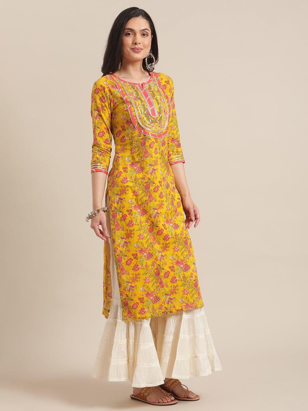 Yellow And Peach Straight Floral Printed Kurta With Round Neck And Having Gota Work On Yoke - Indiakreations