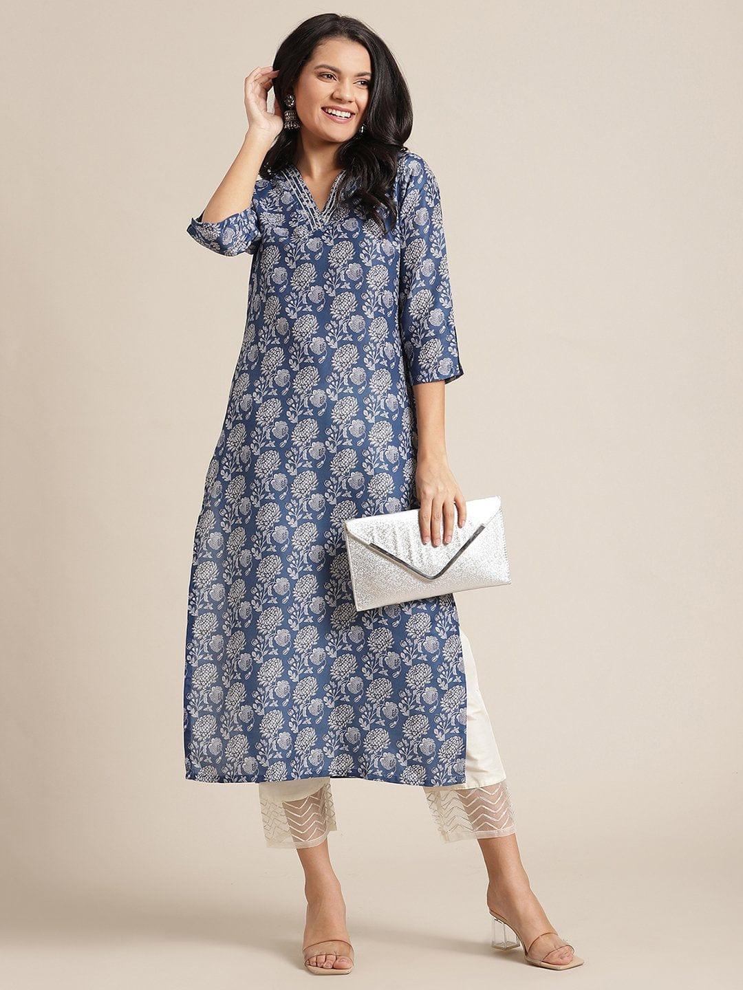 Blue Silk Floral Printed Kurta With Gota Work On Yoke And 3/4 Sleeves - Indiakreations