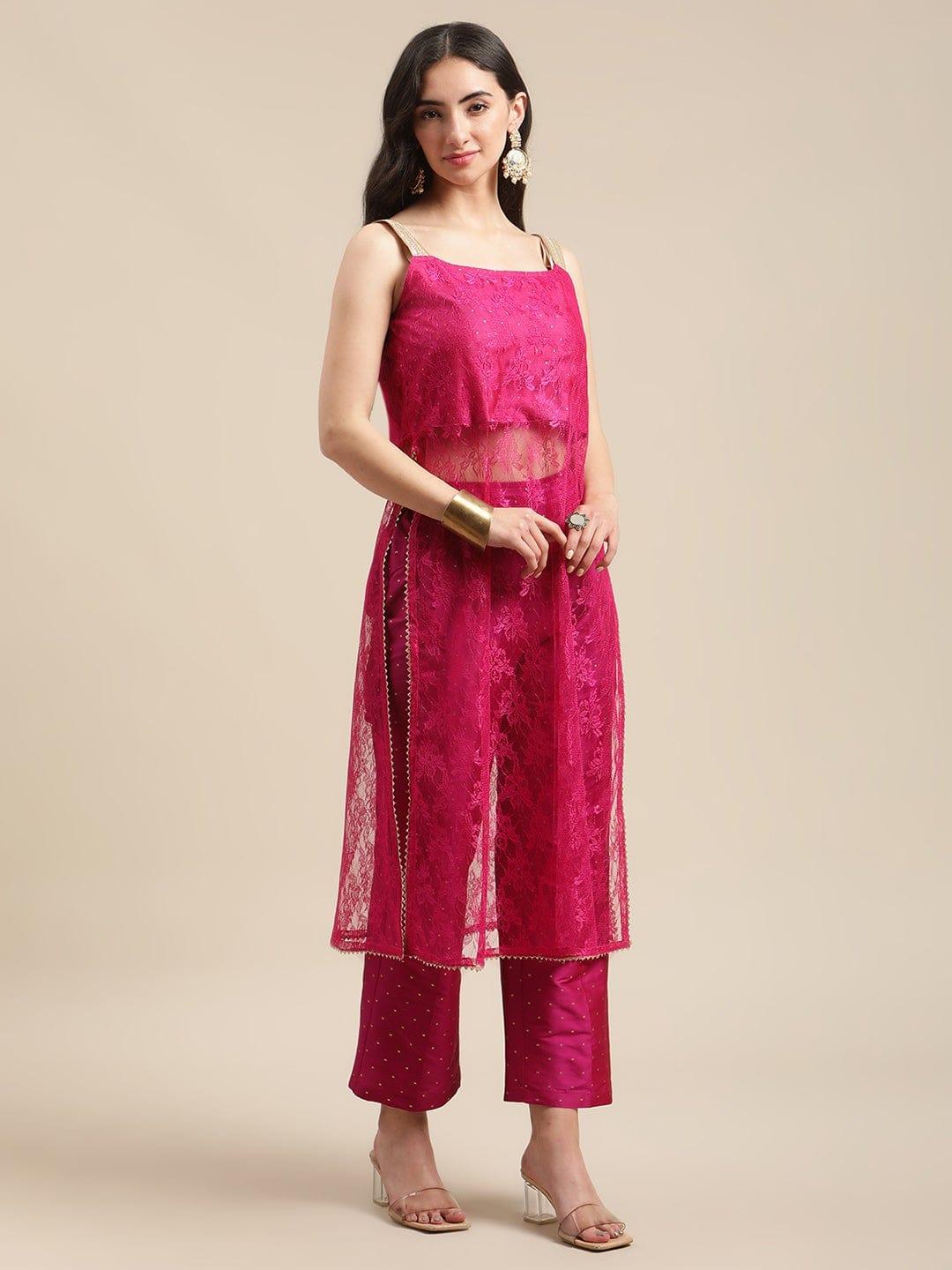 Magenta Sweatheart Neckline Shape Net Strap Straight Kurta With Flared Sharara - Indiakreations