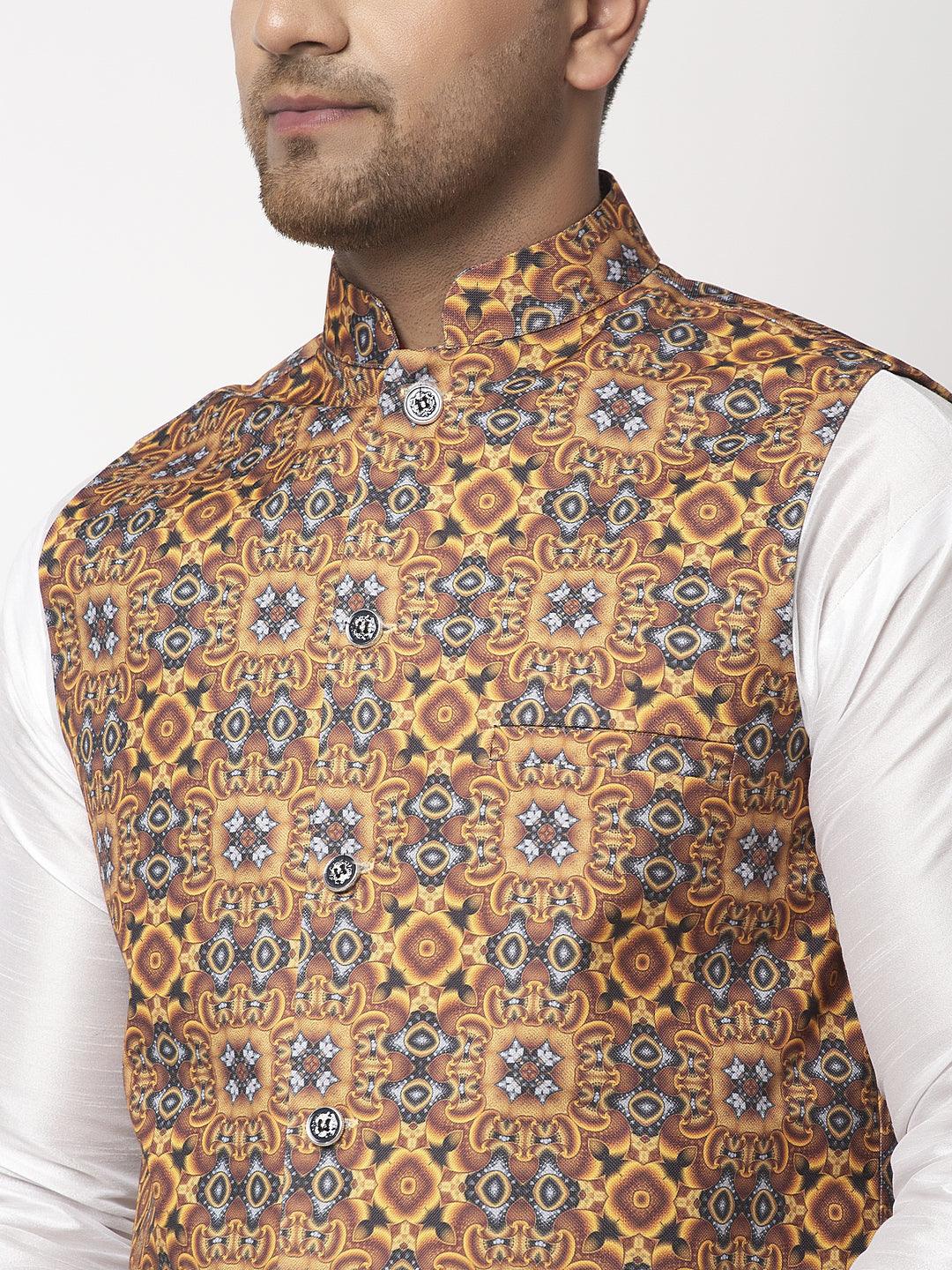 Men's Mustard & Charcoal Grey Printed Nehru Jacket - Benstoke - Indiakreations