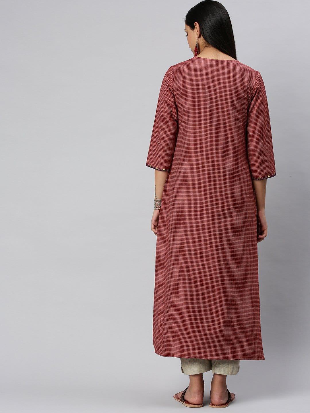 KSUT Rust And Off White Check Woven Straight Kurta With Handwork On Neckline And Sleeves - Indiakreations