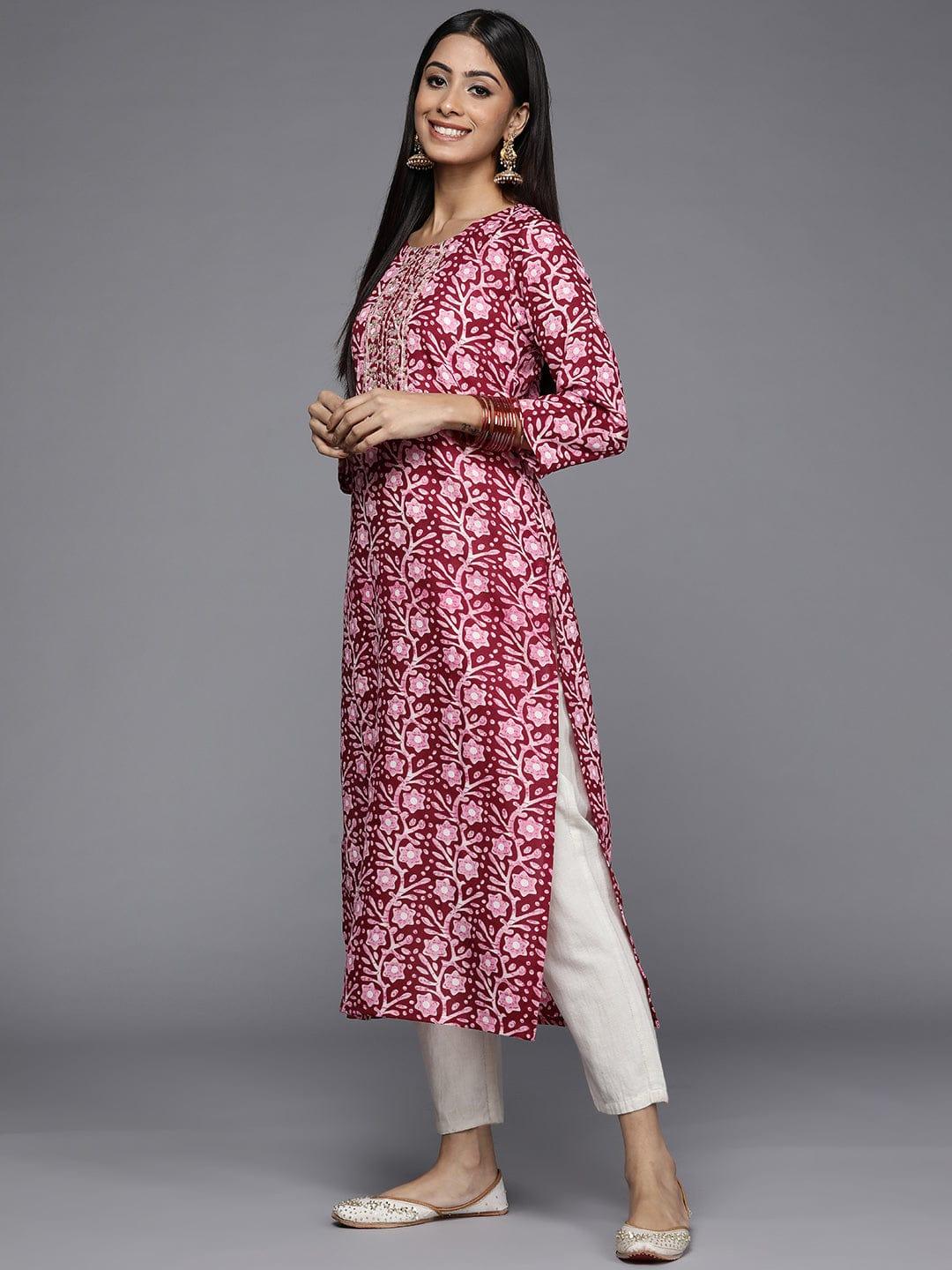 Varanga Women Maroon & Pink Floral Printed Gotta Patti Kurta - Indiakreations