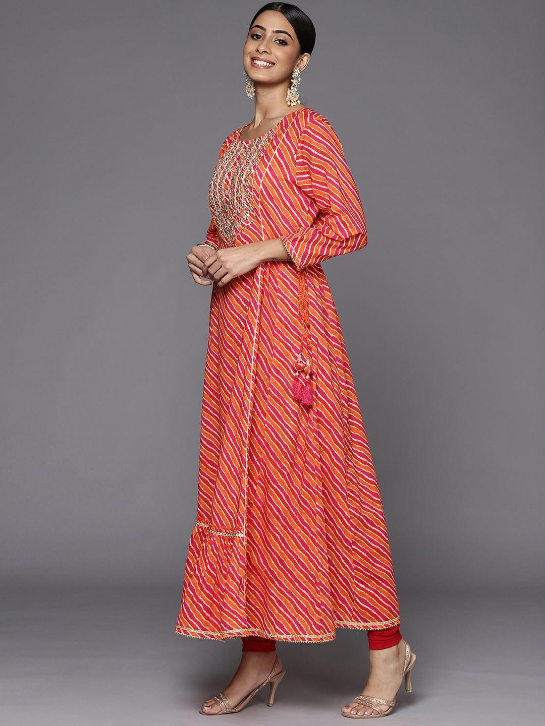 Varanga Women Orange & Pink Leheriya Printed Gotta Patti Cotton Anarkali Kurta - Indiakreations