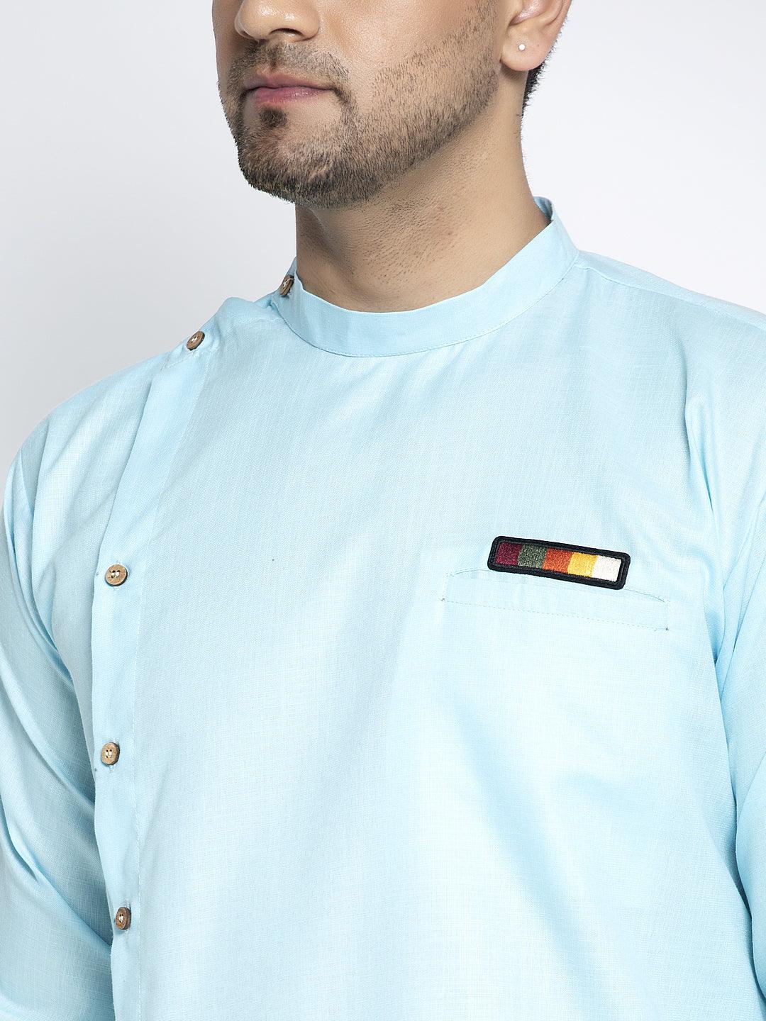 Men's Sky Blue Solid Short Kurta - Benstoke - Indiakreations