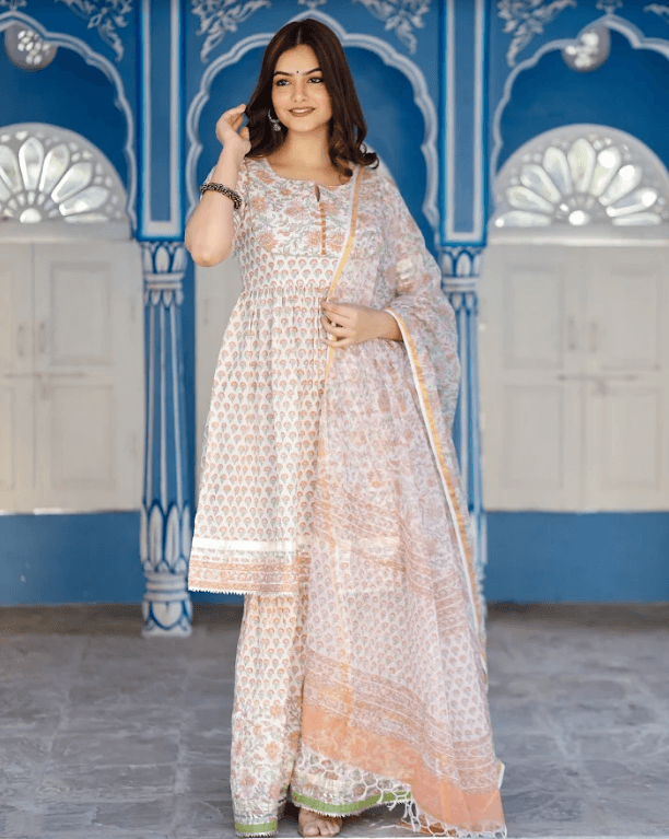 Women's Orange Motif Block Printed White Kurta Sharara Set Paired With Kota Doria Dupatta - Pheeta - Indiakreations