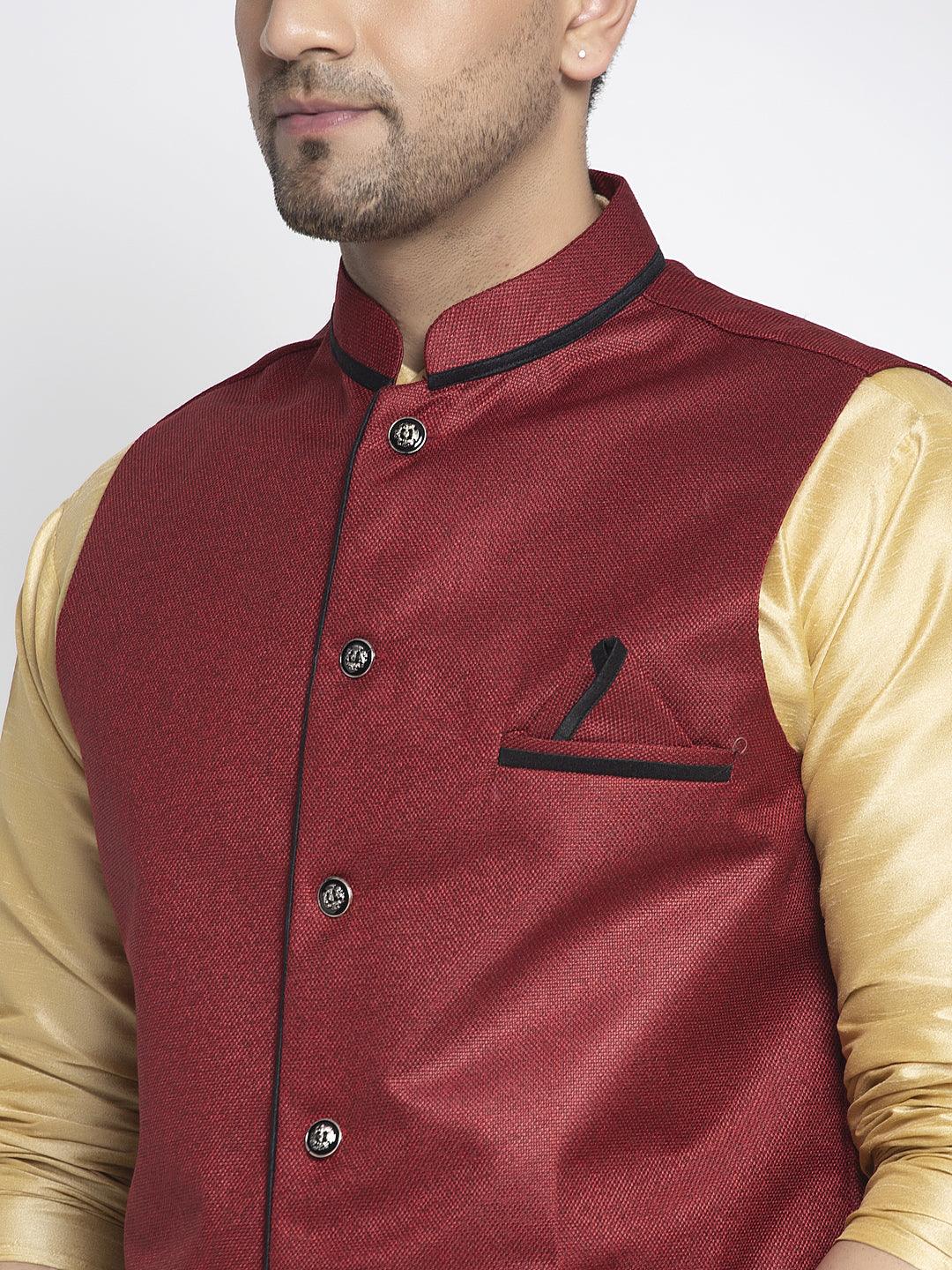 Men's Silk Blend Gold Kurta With Pyjama & Maroon Nehru Jacket - Benstoke - Indiakreations