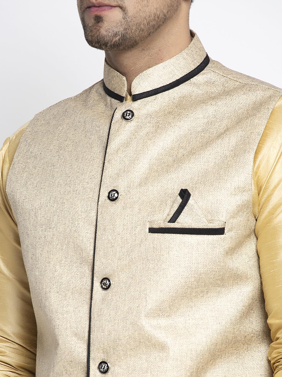 Men's Silk Blend Gold Kurta With Pyjama & Beige Nehru Jacket - Benstoke - Indiakreations