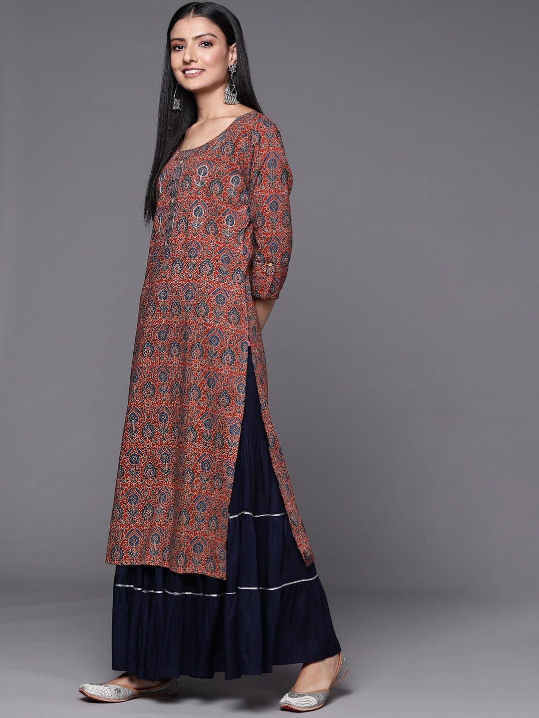 Varanga Women Rust & Blue Ethnic Motifs Printed Indie Prints Kurta - Indiakreations