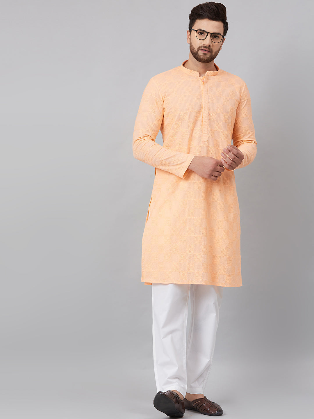 Men's Peach Chikankari Embroidered Woven Design Straight Kurta - See Designs