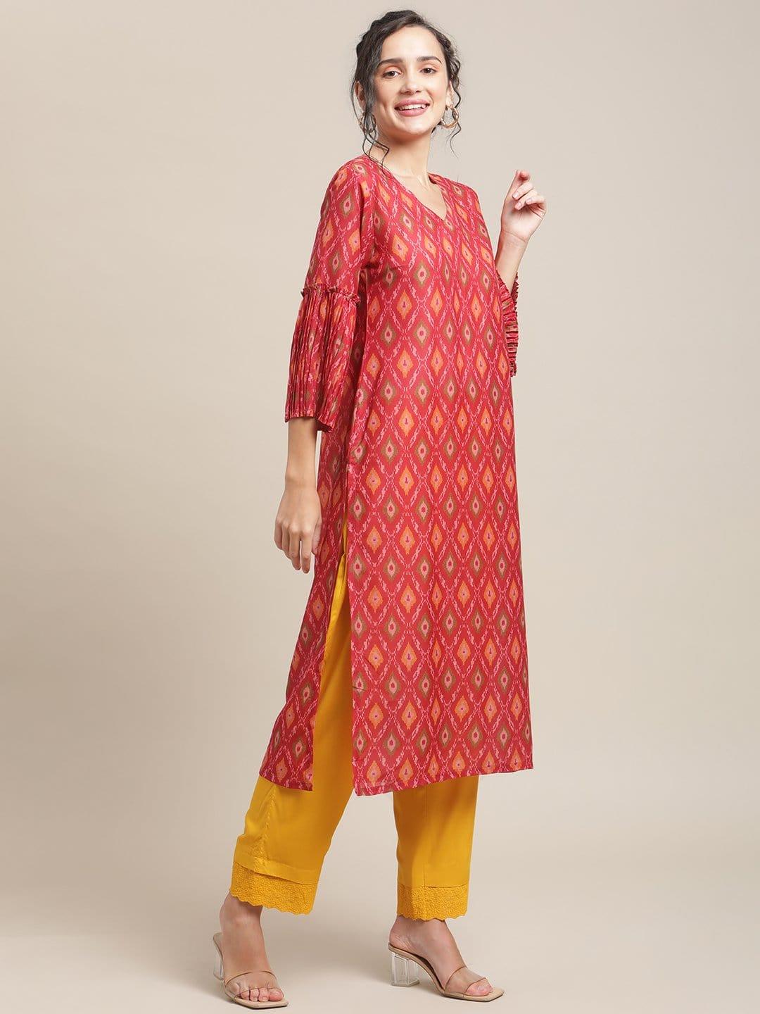 Red Ikat Printed Round Neck Kurta With 3/4Th Pleated Sleeve - Indiakreations