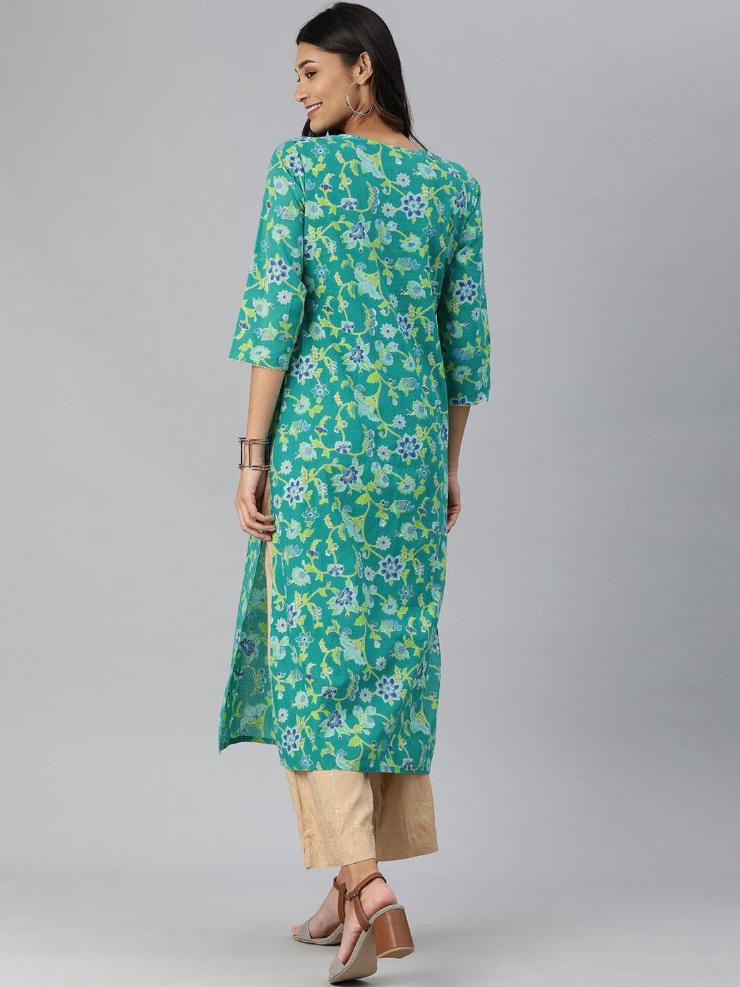 KSUT Turquoise Floral Printed Straight Kurta With Sequins Work Yoke - Indiakreations