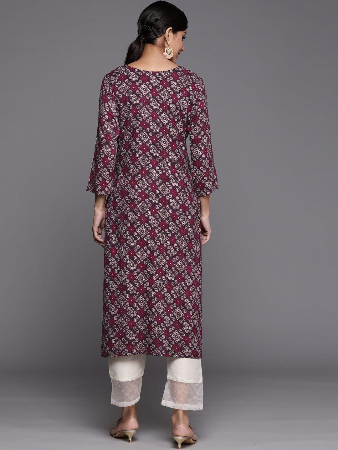 Varanga Women Burgundy & Golden Bandhani Printed Mirror Work Kurta - Indiakreations