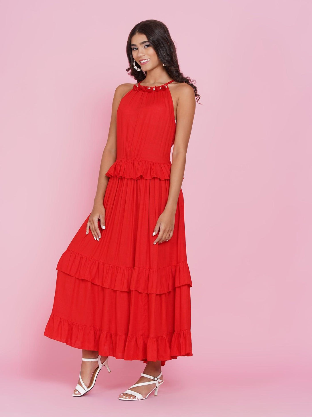 Women's Red Tiered Rayon Dress - Women Republic - Indiakreations