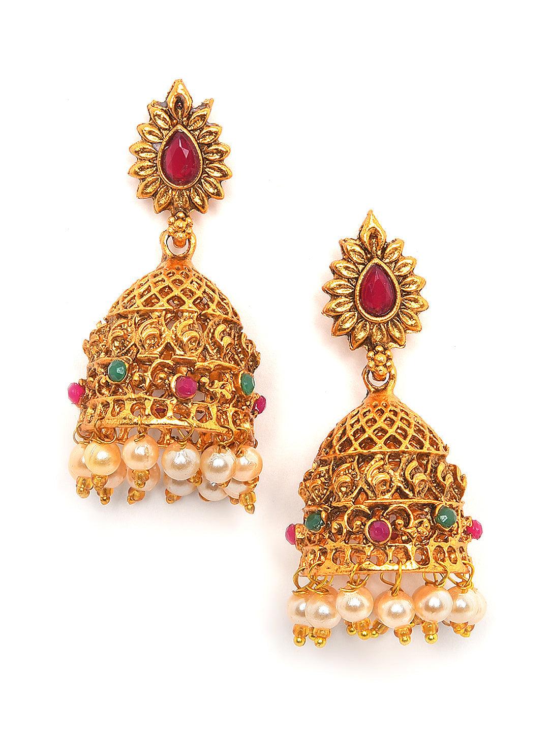 Women's Gold-Toned Pink & Green Stone-Studded, Beaded Handcrafted Jewellery Set - Jazz And Sizzle - Indiakreations