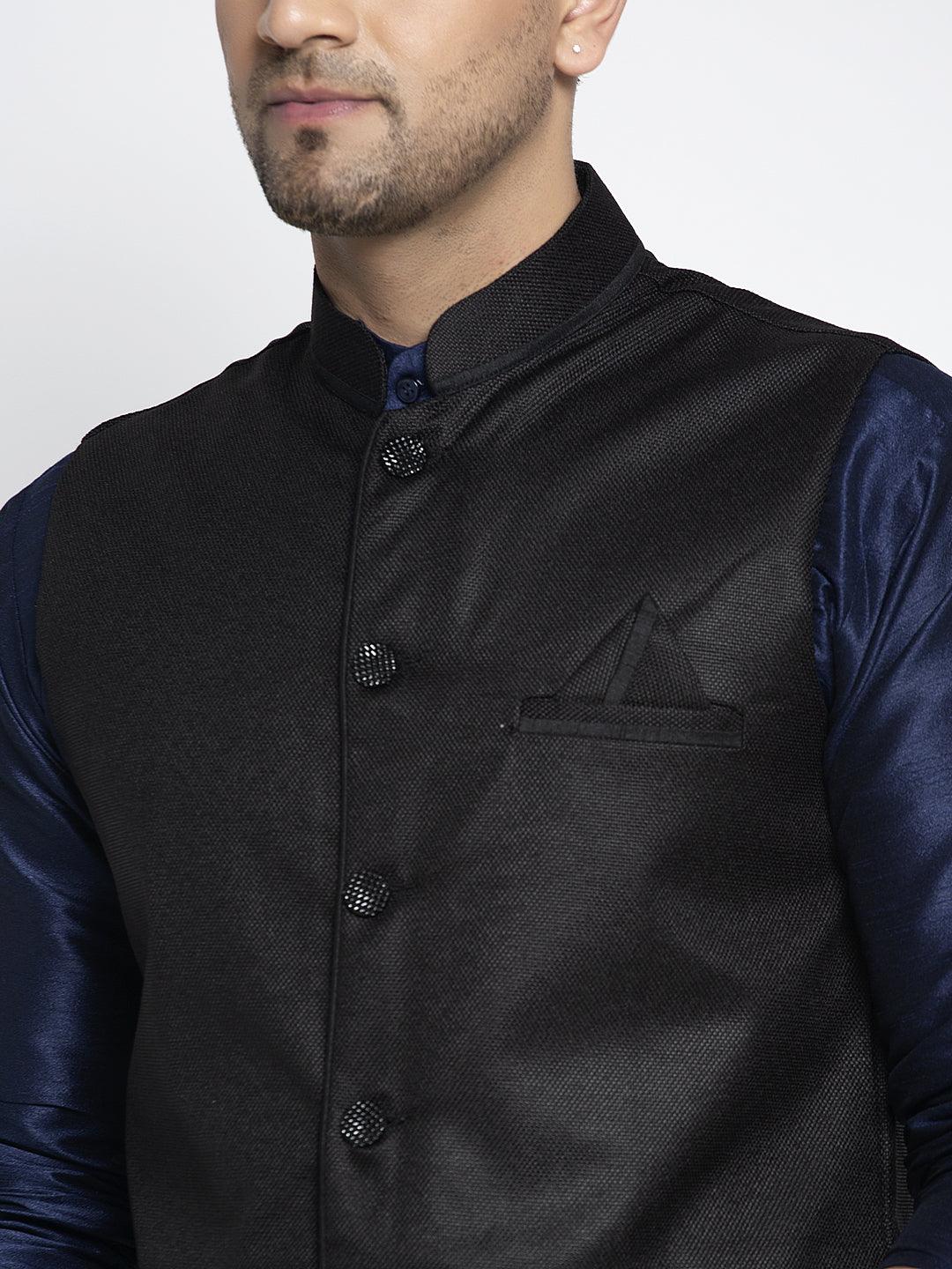 Men's Silk Blend Navy Blue Kurta With Pyjama & Black Nehru Jacket - Benstoke - Indiakreations