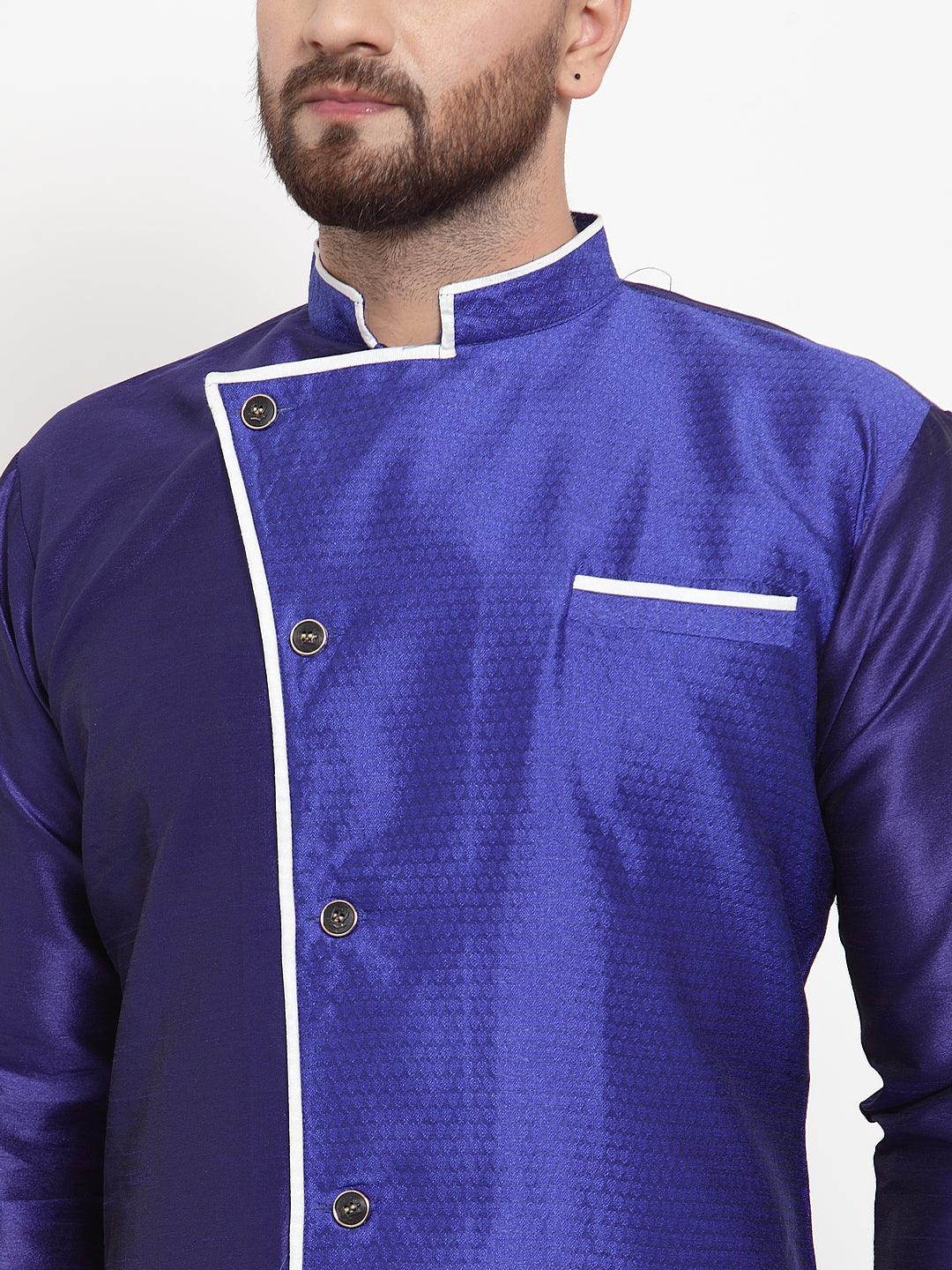 Men's Royal Blue Self Design Kurta With White Churidaar Pyjama - Benstoke - Indiakreations