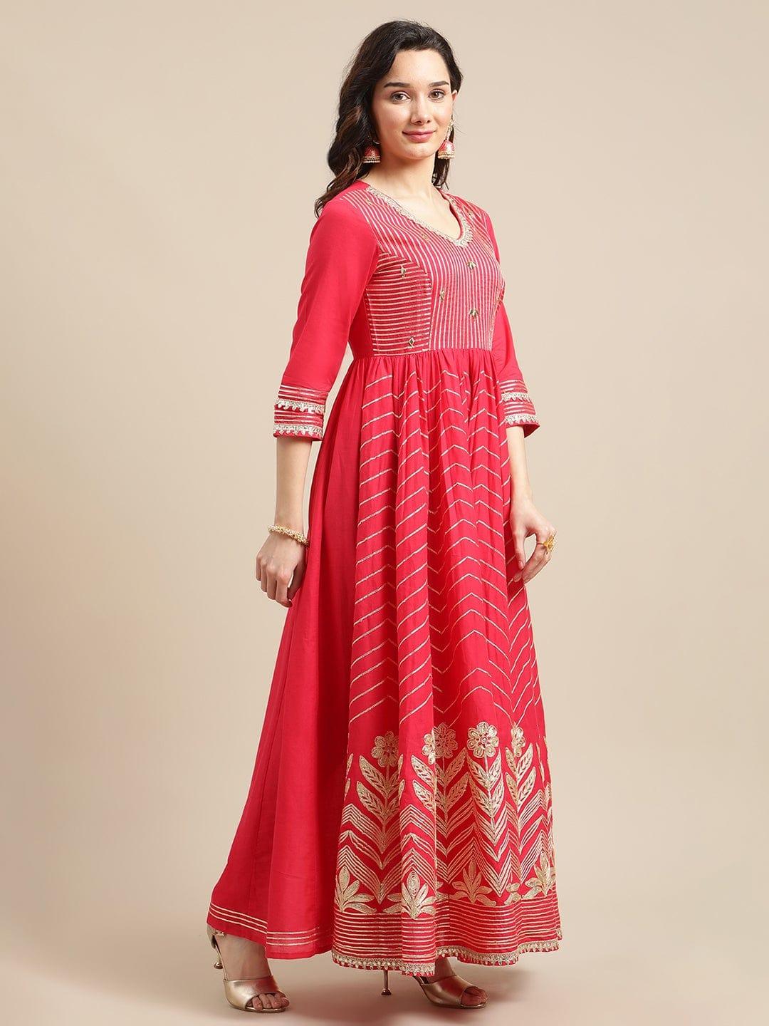 Red And Gold Heavy Floral Gota Work Embellished Anarkali Kurta - Indiakreations