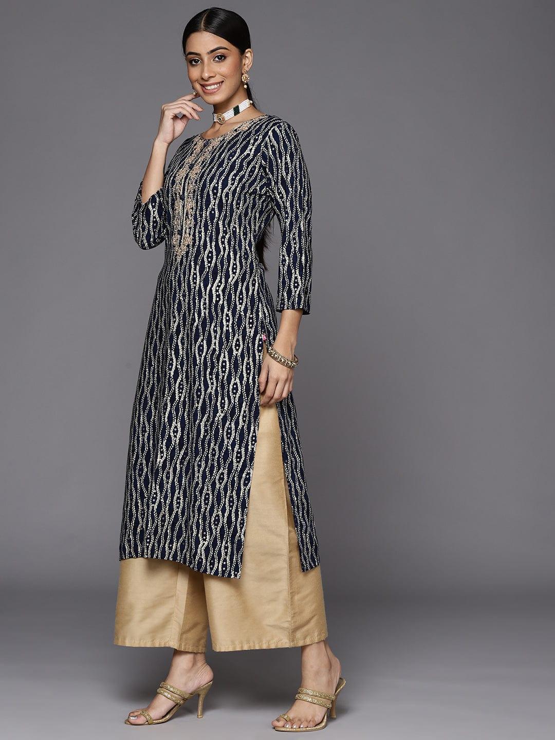 Varanga Women Navy Blue & Cream-Coloured Printed Gotta Patti Indigo Kurta - Indiakreations