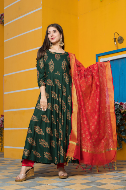 Women's Leaf Green Gold Kurta Dupatta Set