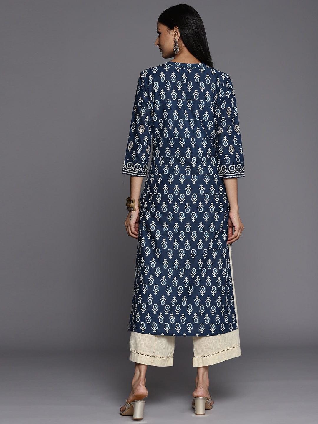 Varanga Women Navy Blue & Beige Ethnic Motifs Printed Kurta - Indiakreations