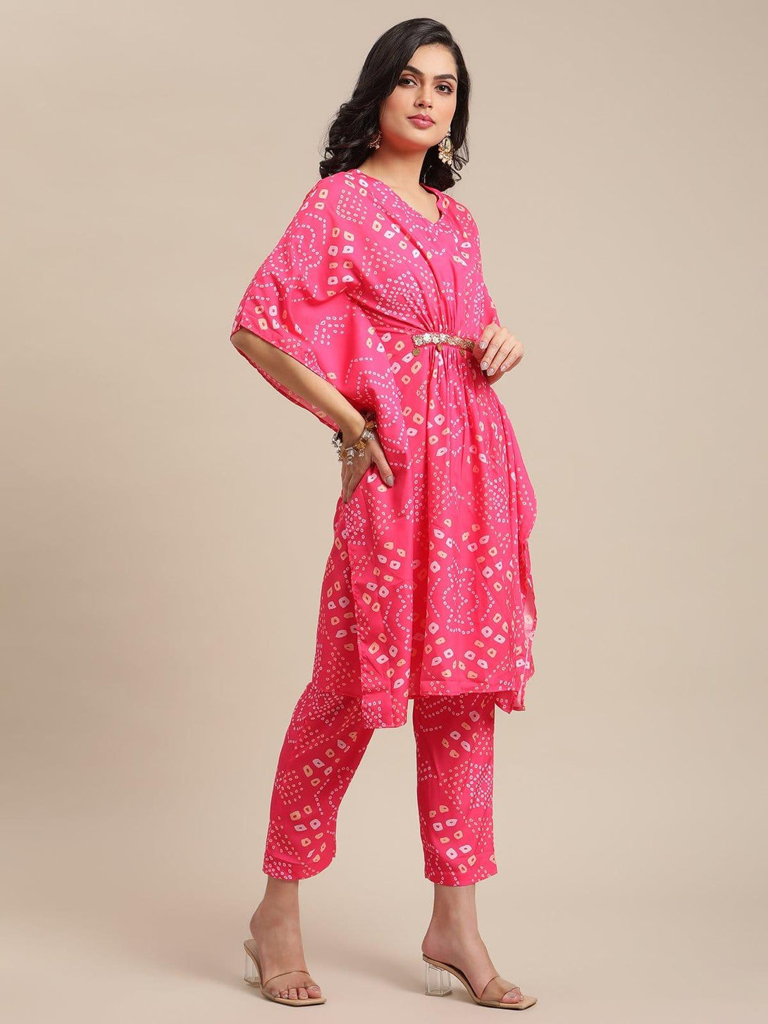 Pink And Yellow Bandhej Printed Kurta Kaftan With Printed Trouser - Indiakreations