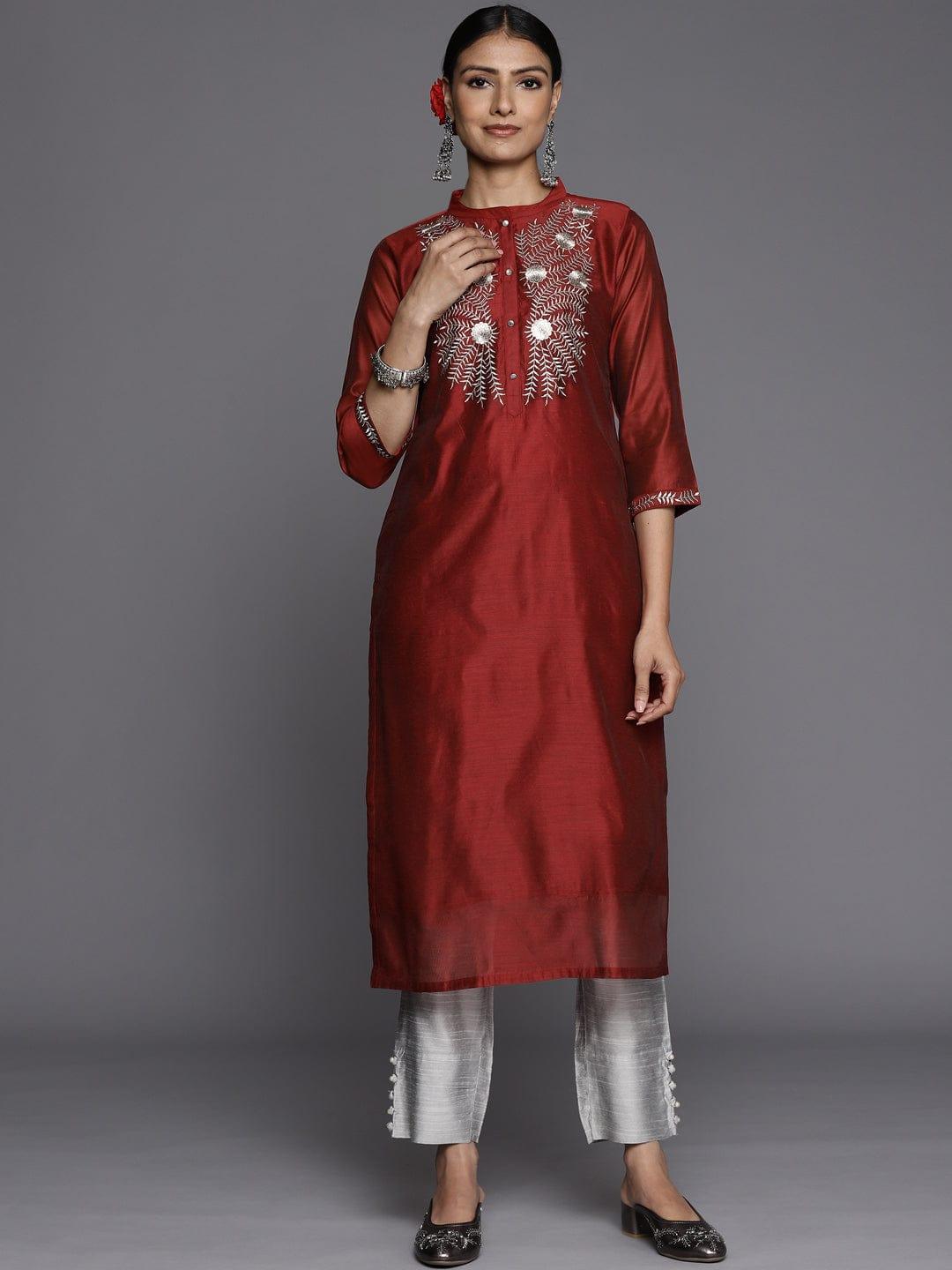 Varanga Women Red Floral Yoke Design Chanderi Silk Kurta with Trousers - Indiakreations