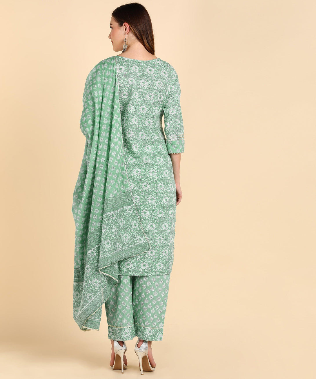 Women's Cotton Sea Green Printed Kurta Pant With Dupatta - Noz2Toz - Indiakreations