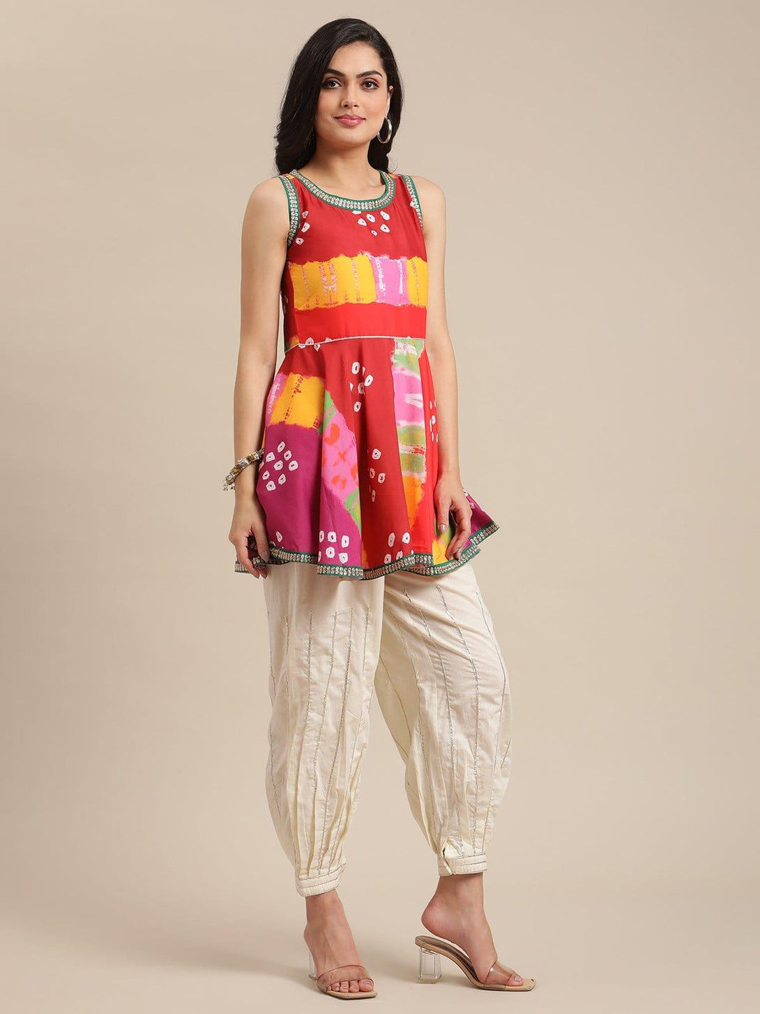 Red And Mustard Bandhej Printed Silk Flared Tunic With Gota Work Trouser - Indiakreations