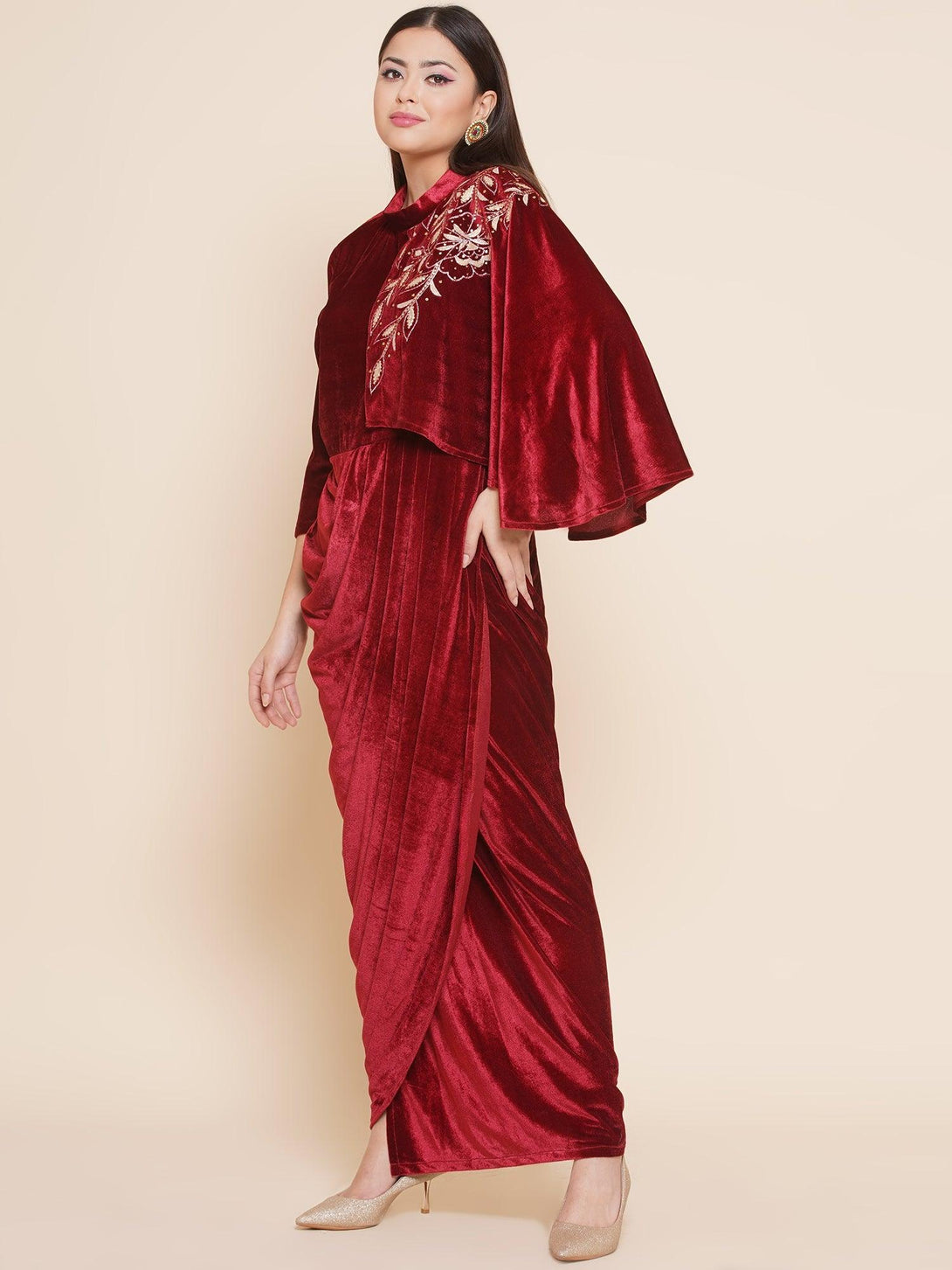 Women's Maroon Velvet Drape Styel Gown - Women Republic - Indiakreations