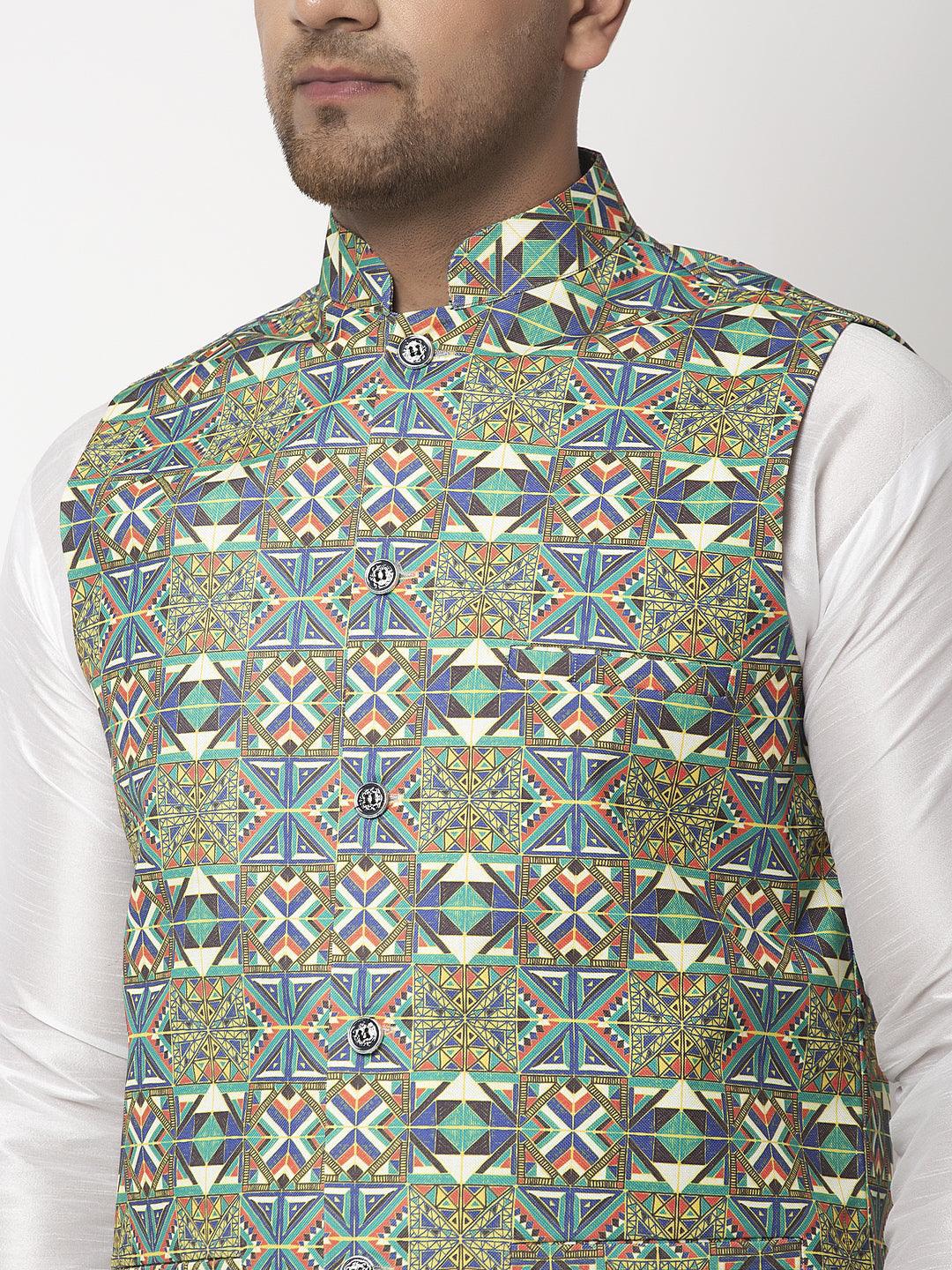 Men's Green & Blue Printed Nehru Jacket - Benstoke - Indiakreations