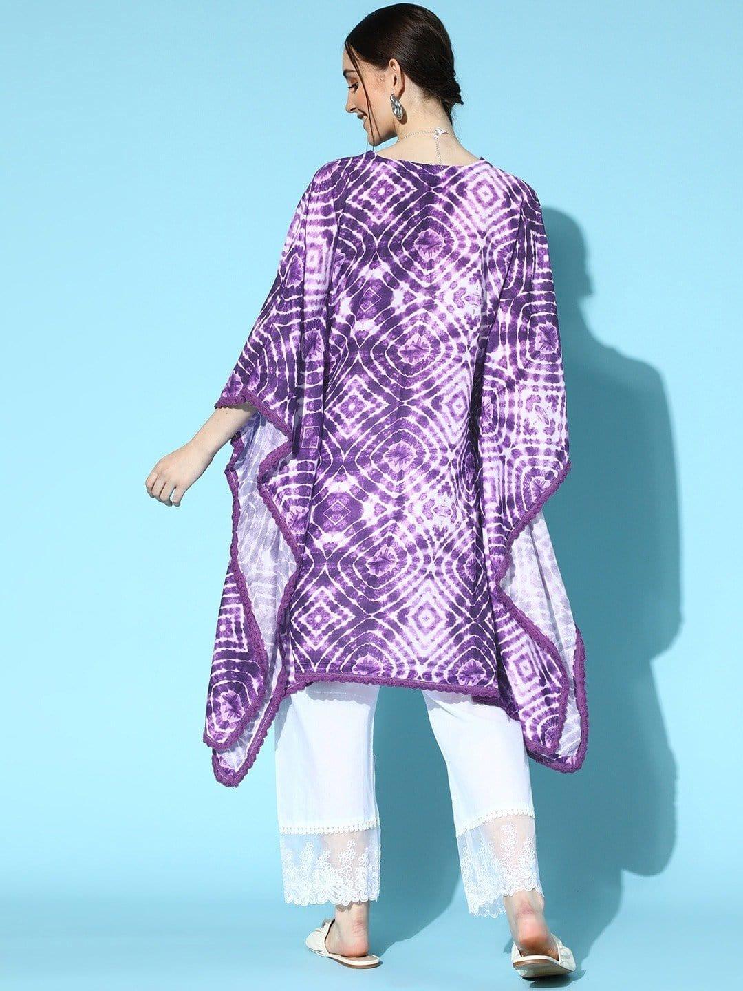 Purple And White Tie And Dye Lace Embellished Kaftan With Organza Embroidery Trouser - Indiakreations