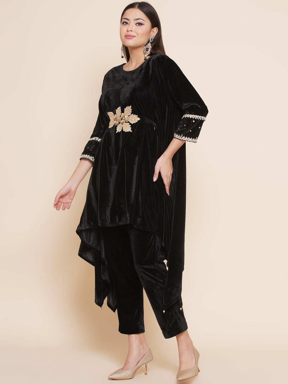 Women's Black Velvet Kaftaan Style Kurta With Pants - Women Republic - Indiakreations