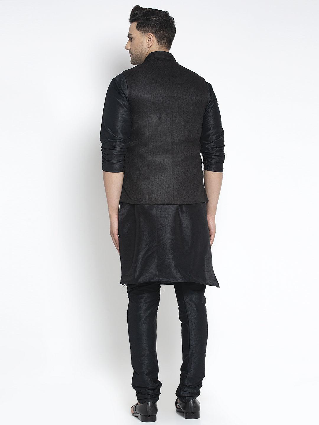 Men's Silk Blend Black Kurta With Pyjama & Black Nehru Jacket - Benstoke - Indiakreations