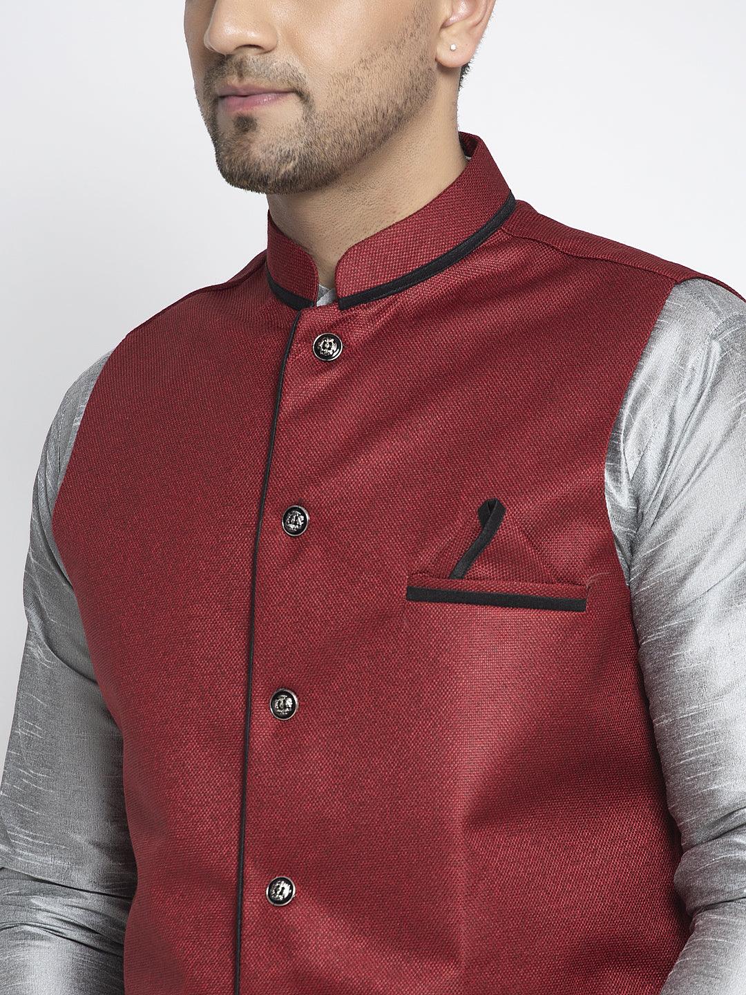 Men's Silk Blend Grey Kurta With Pyjama & Maroon Nehru Jacket - Benstoke - Indiakreations