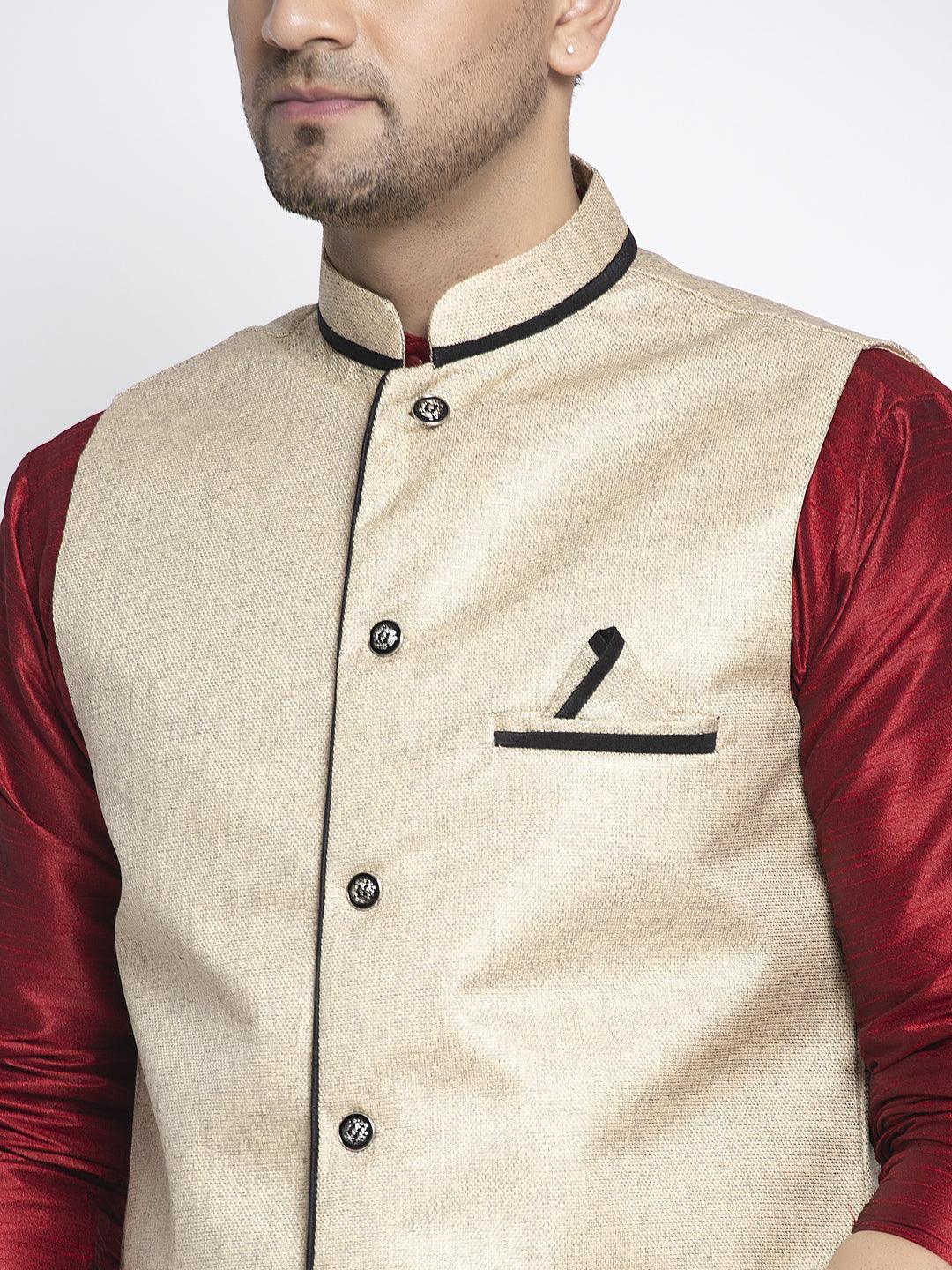 Men's Silk Blend Maroon Kurta With Pyjama & Beige Nehru Jacket - Benstoke - Indiakreations