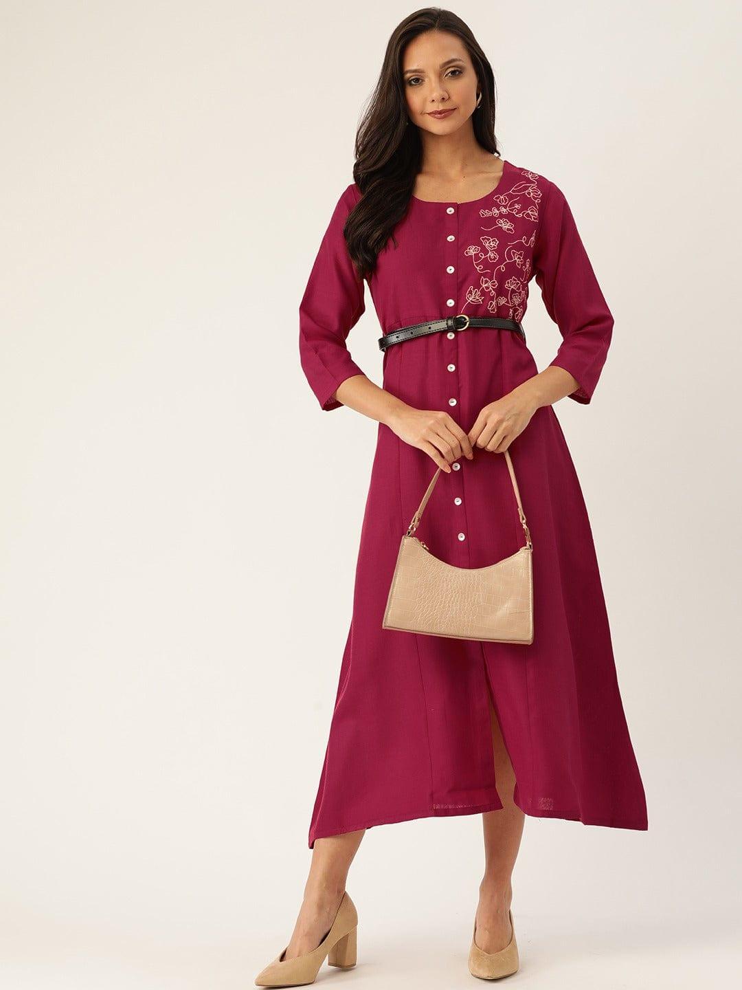 Magenta Embroidered Detail A-Line Dress - Indiakreations