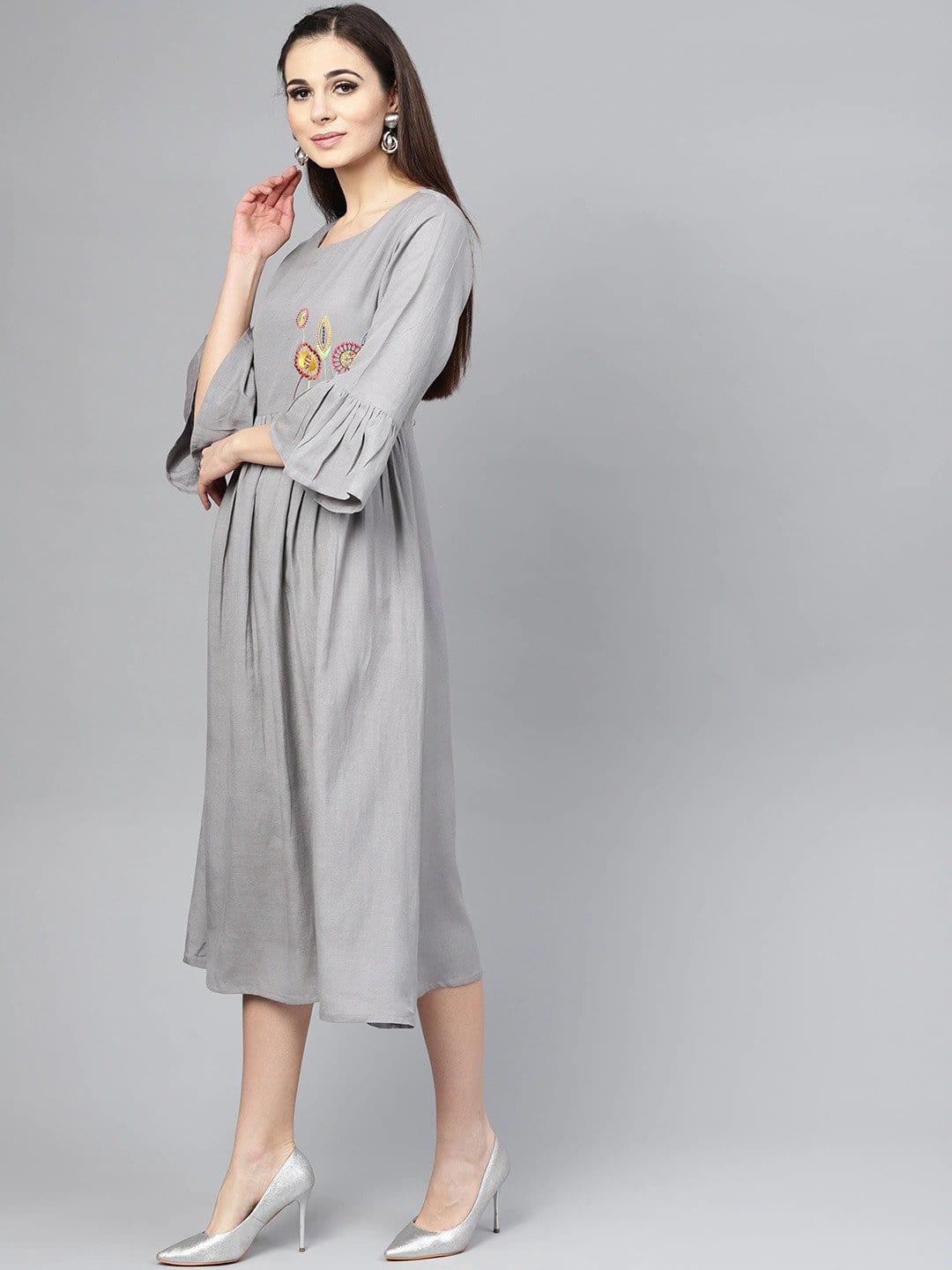 Grey Solid Fit and Flare Dress - Indiakreations