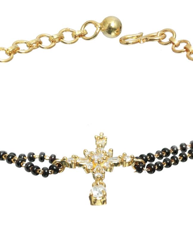 Women's Women Gold-Plated & Black Stone Beaded American Diamond Hand Mangalsutra - Jazz And Sizzle - Indiakreations