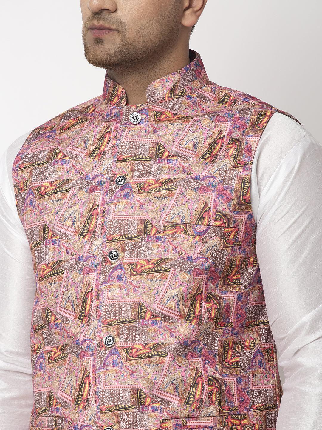 Men's Pink & Multi Printed Nehru Jacket - Benstoke - Indiakreations