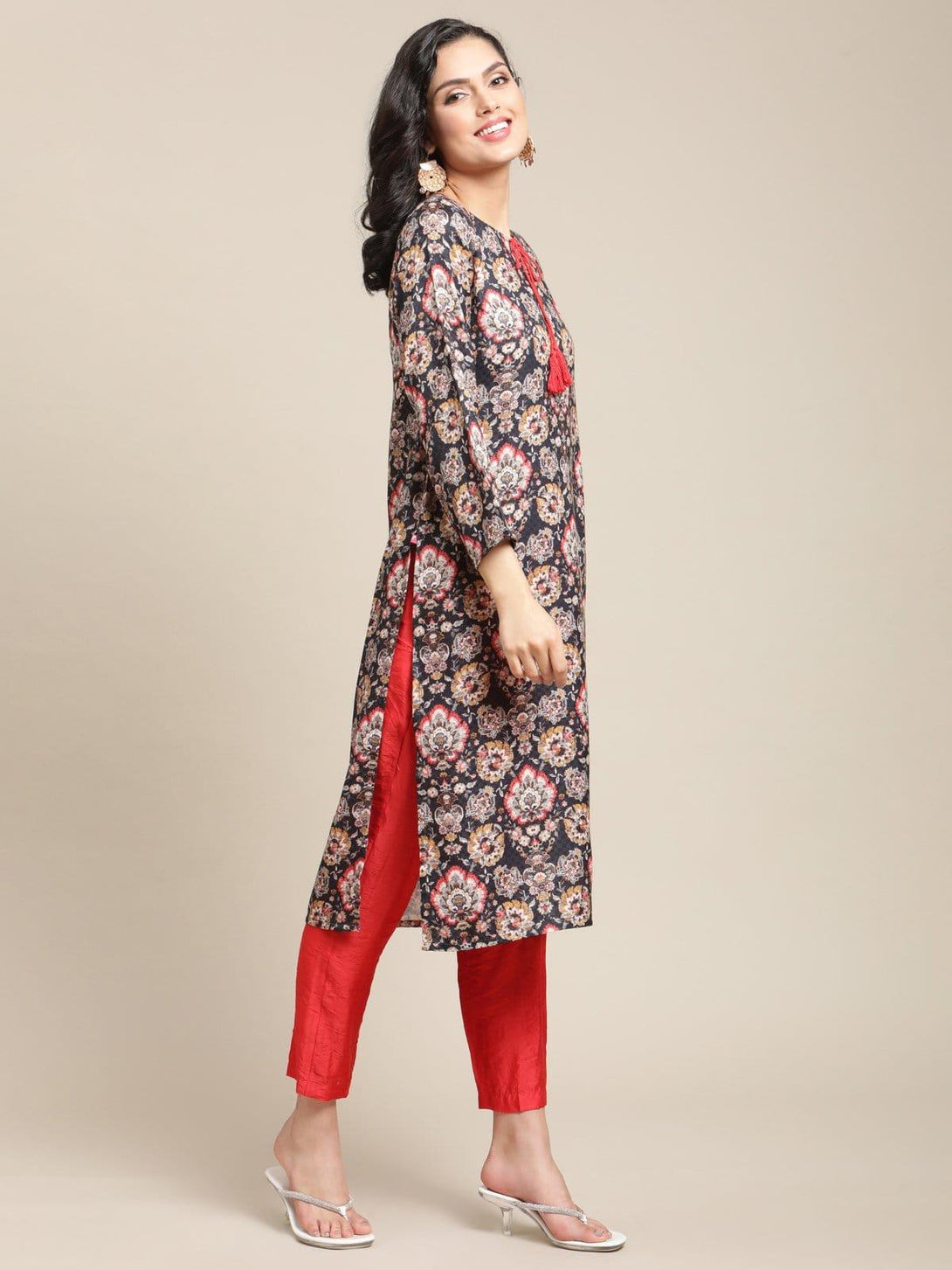 Navy Floral Printed Pashmina Kurta With Tassel And Drawstring And Having Full Sleeves - Indiakreations