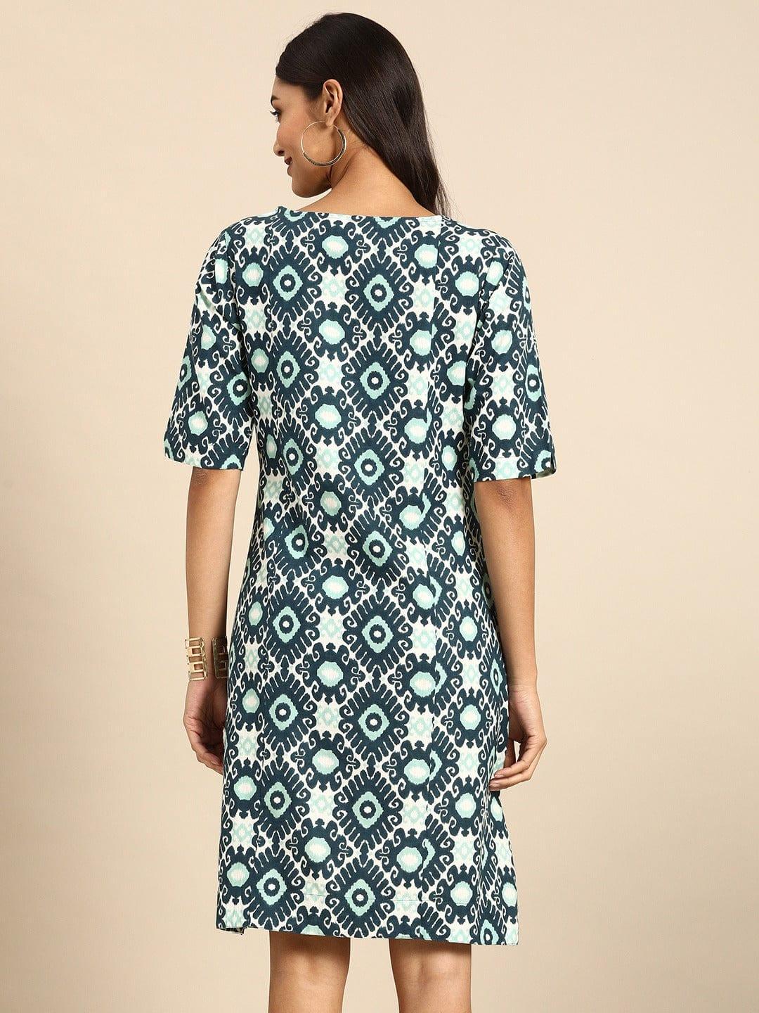 White & Teal Blue Printed A-Line Panelled Dress with Pockets - Indiakreations