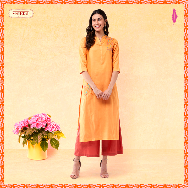 Women's Orange Embroidered Quarter Sleeves Kurta With Pants - Pannkh